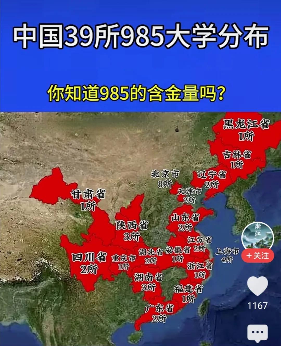 这张985大学的全国分布图中，江西省显得格外突出，被周边省份的985大学环绕着。