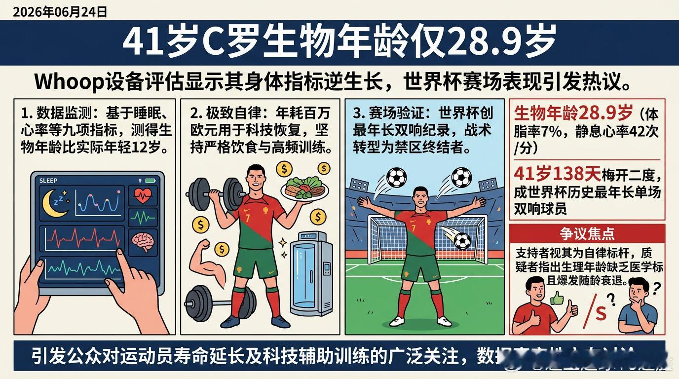 41岁的C罗被自己投资的品牌Whoop测出生物年龄才28.9岁，比实际年龄年轻了
