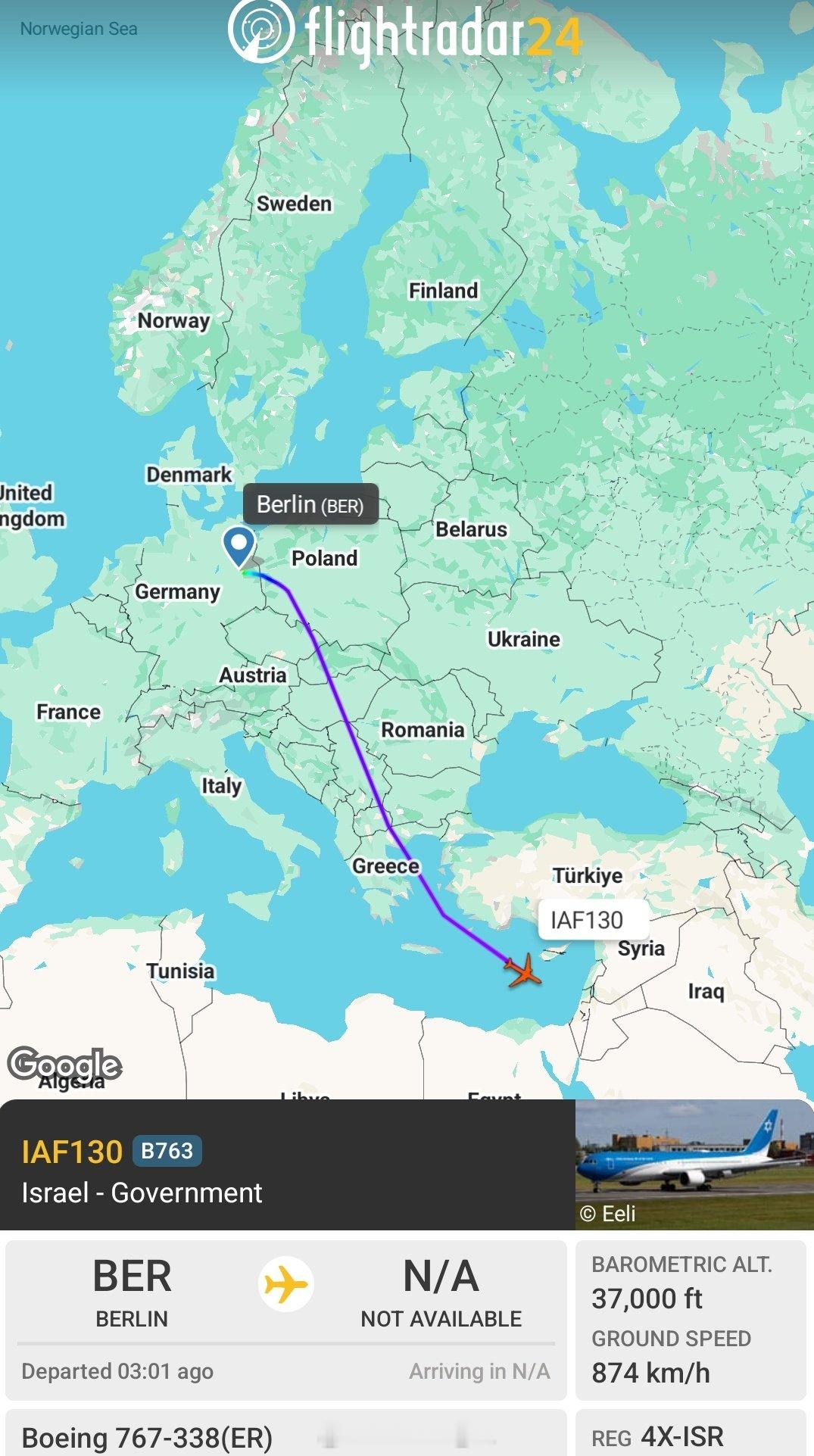 时隔一个半月，内塔尼亚胡的总理专机“锡安之翼”号从德国返回以色列。 