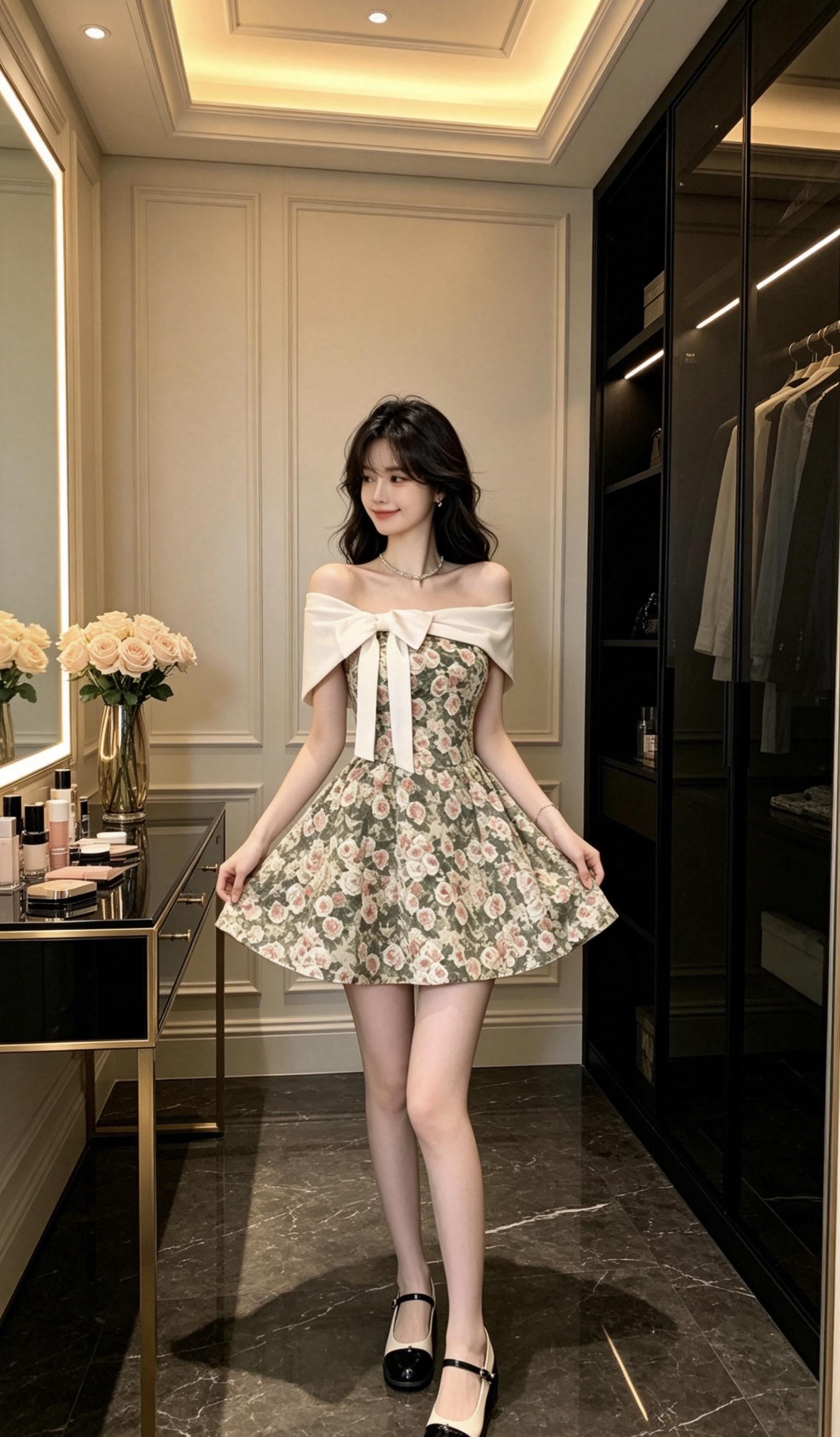 今天的你有点美。碎花一字肩小裙子