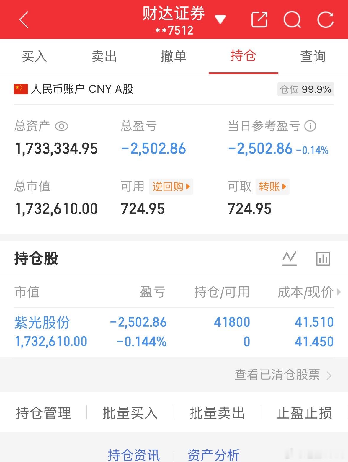 50万全职炒股的第67天总资产1733334当日参考盈亏-2502持仓股：进紫光