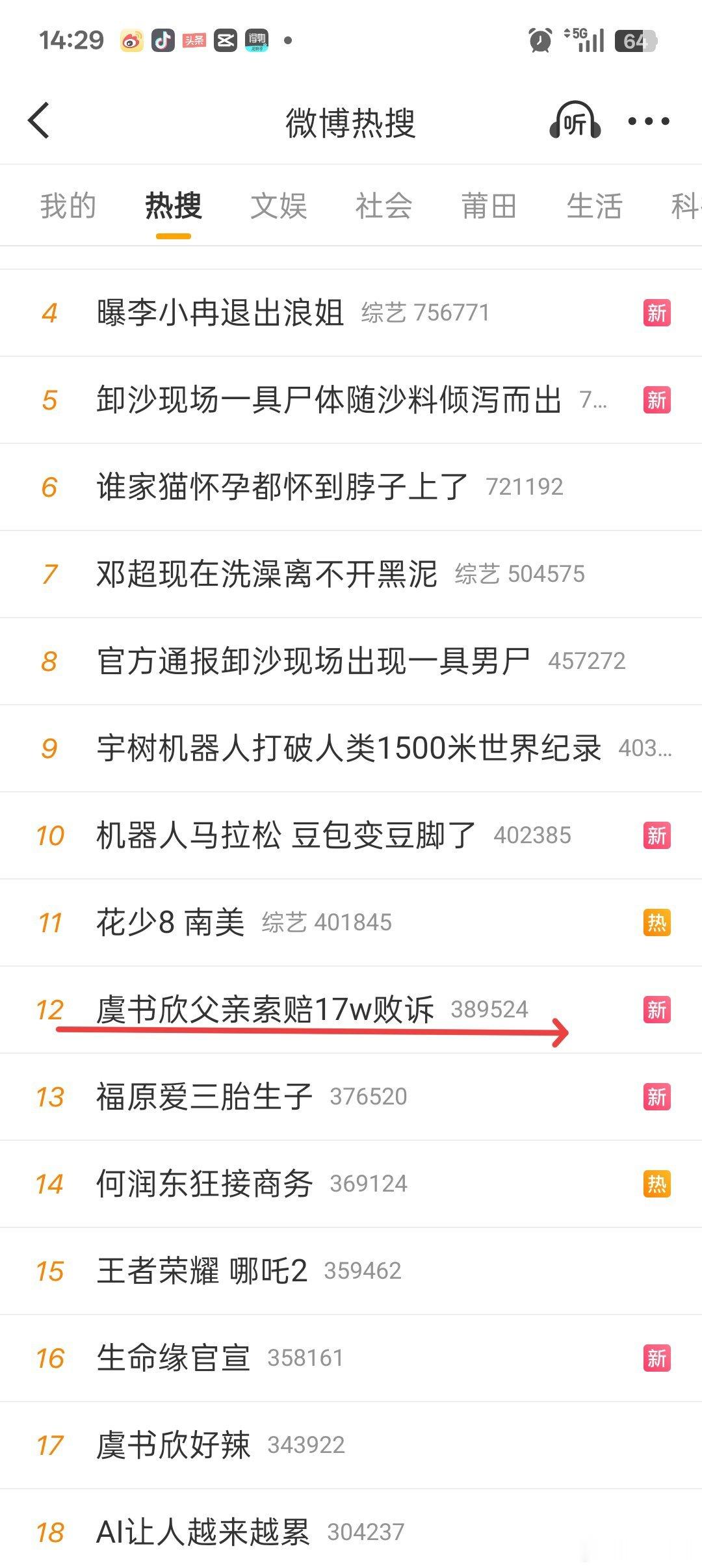 虞书欣父亲索赔17w败诉热搜榜12，文娱榜5，好多网友在关注此事