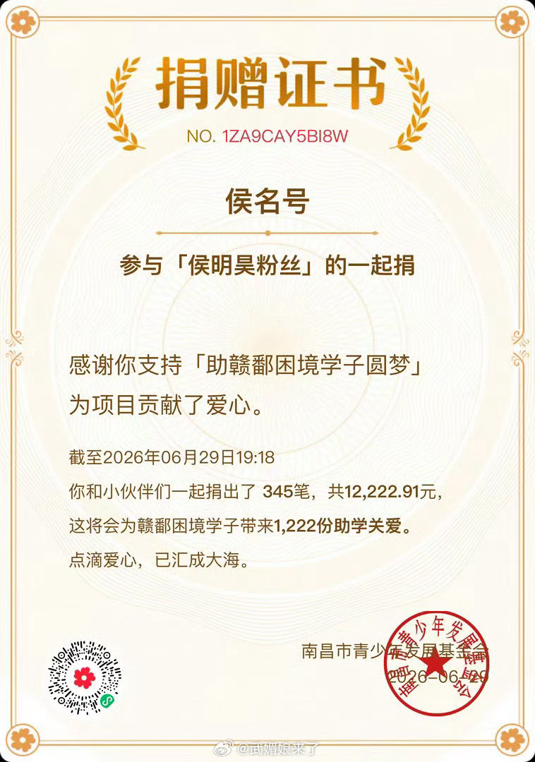 侯明昊粉丝太暖心了，公益捐款助困境学子圆梦！用实际行动传递善意，正能量追星👍 