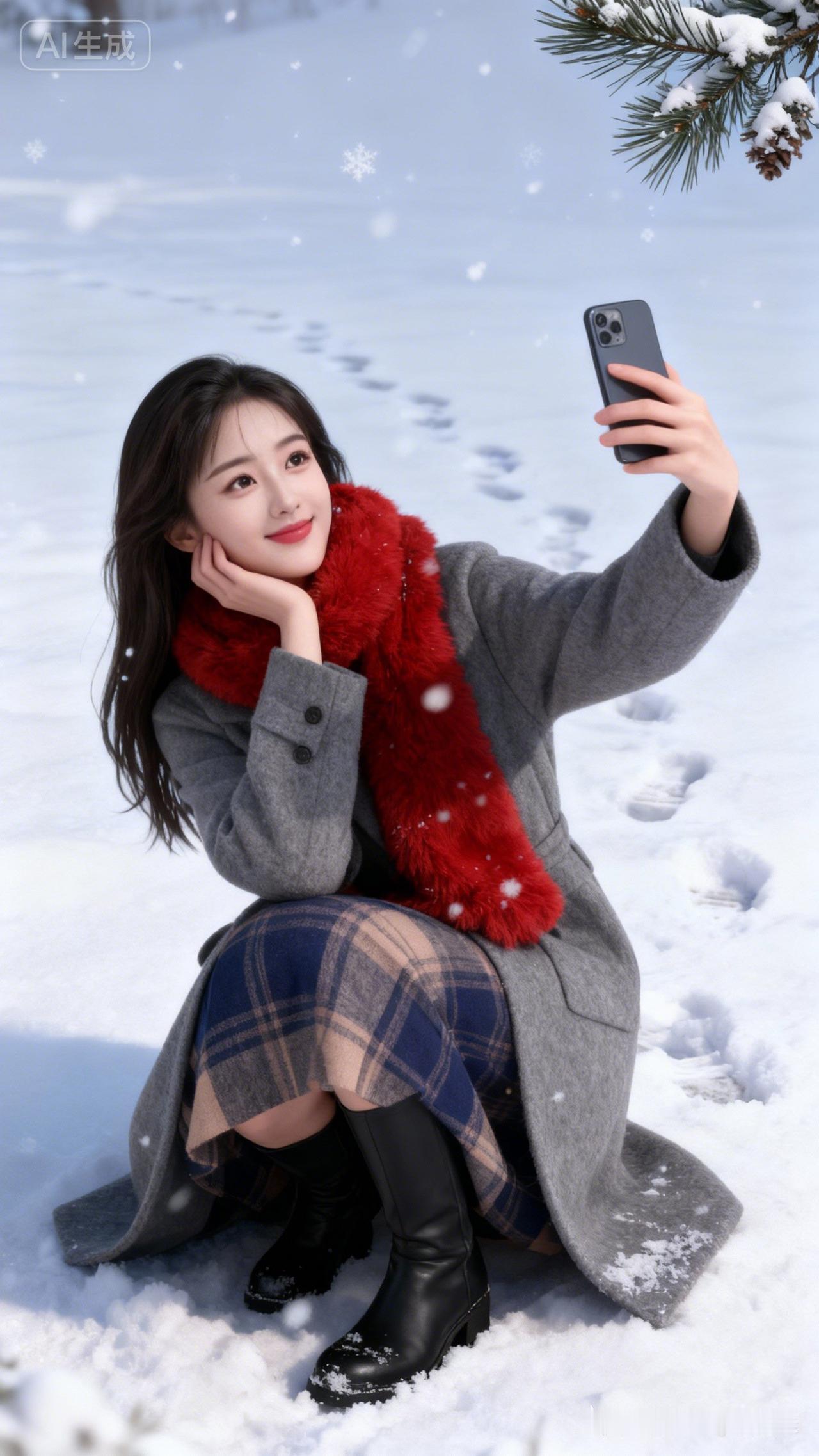 冬日暖阳下，红围巾与雪地相映成趣，少女自拍留念美好时光。