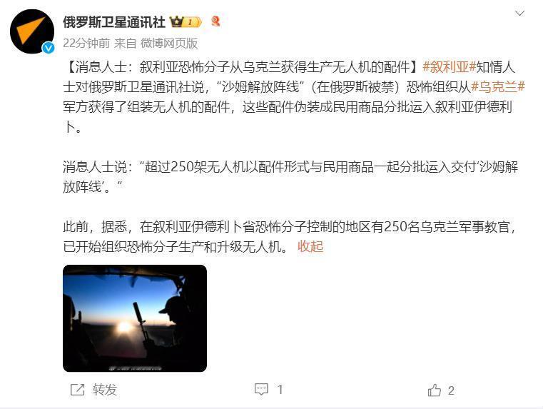 【消息人士：叙利亚恐怖分子从乌克兰获得生产无人机的配件】叙利亚知情人士对俄罗斯卫