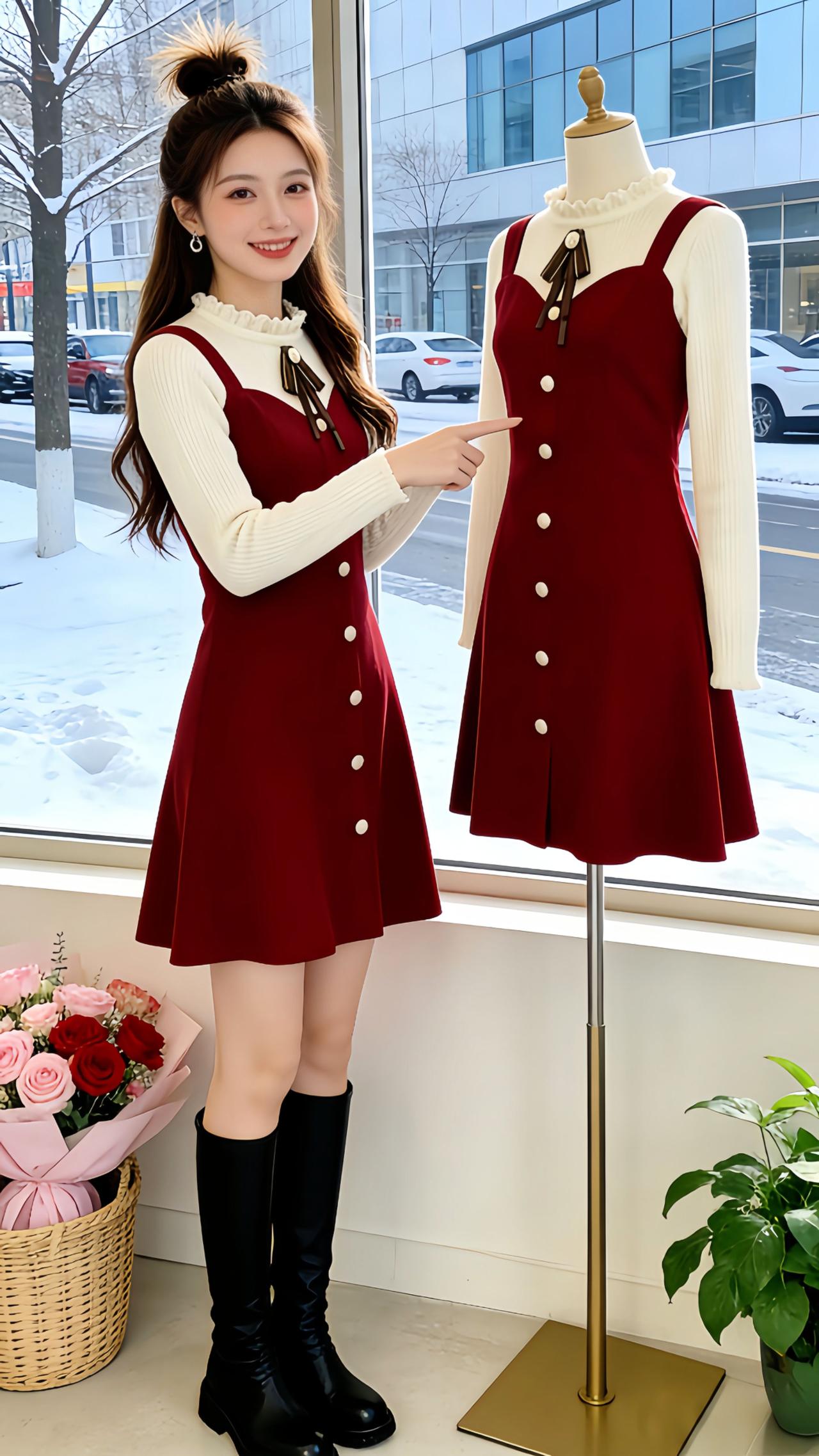 《红裙冬日穿搭记》
Danny在飘雪的冬日里挖到了这款法式小香风假两件针织毛衣裙