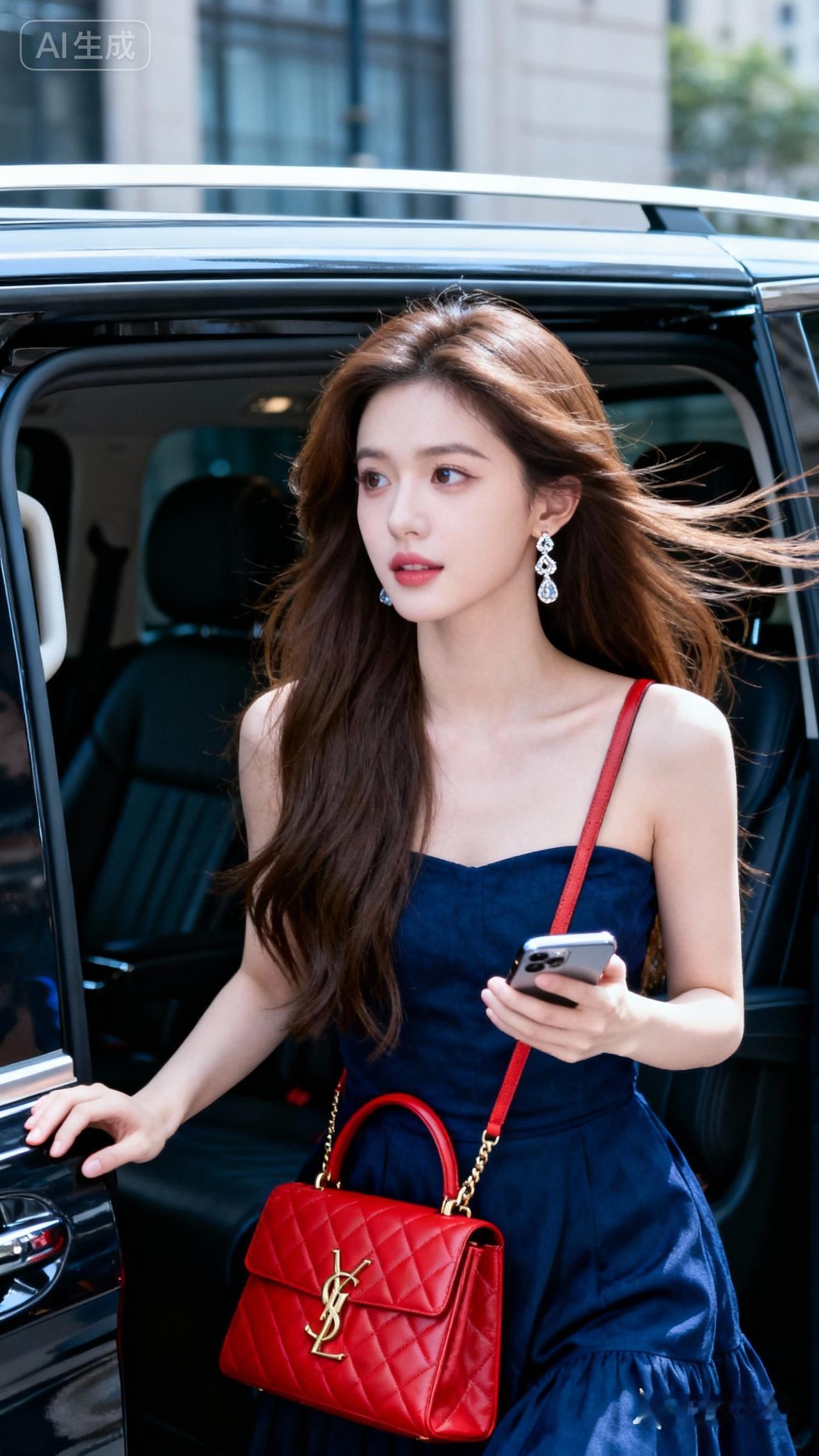 车中美人，手执香囊。