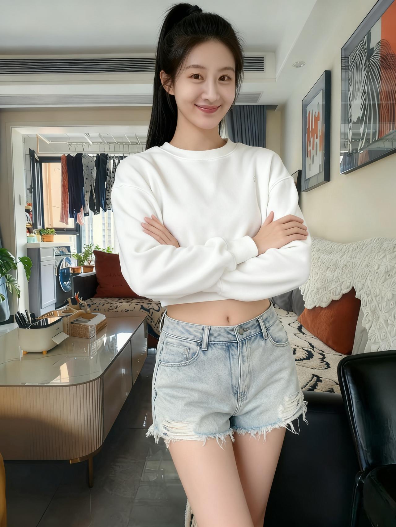 白色的卫衣，像云朵的柔软
牛仔短裤，是风的形状
你站在客厅，阳光落在肩头
笑里，