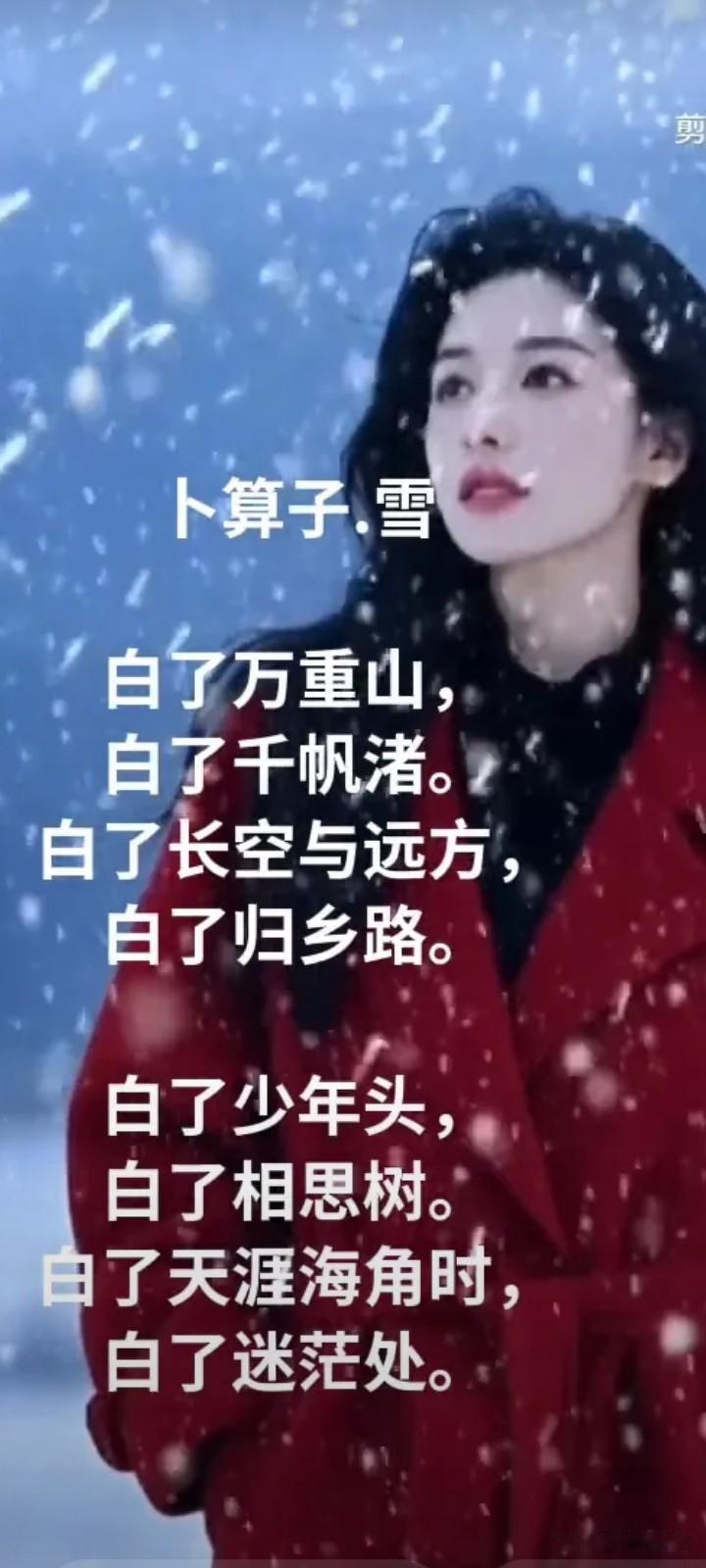 前几天，在抖音上发了一首视频词：卜算子.雪：
白了万重山，白了千帆渚。白了长空与