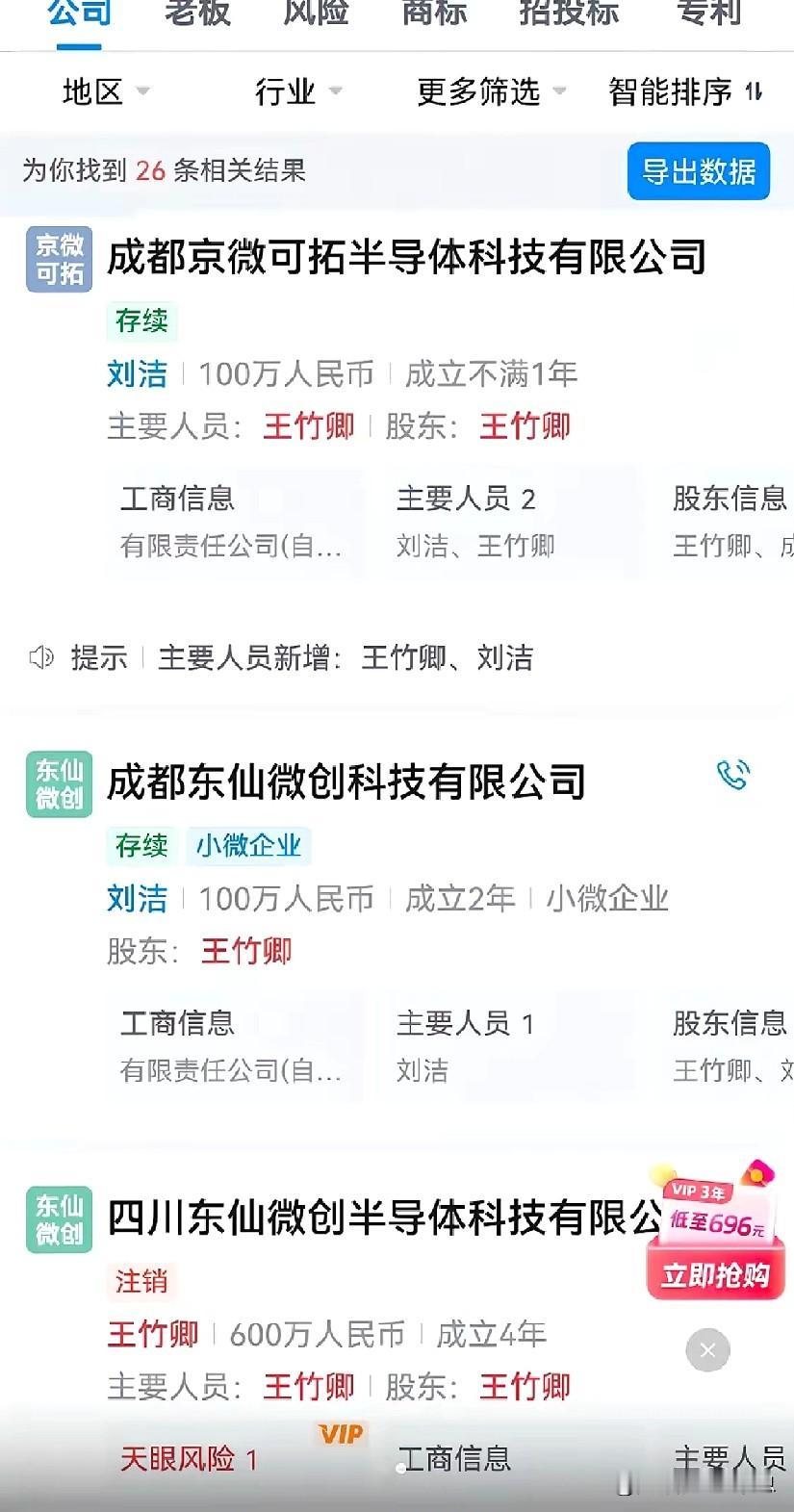 王竹卿不简单，名下注册5、6家公司，回国也就5年，最早的一家也注册4年了，最新的