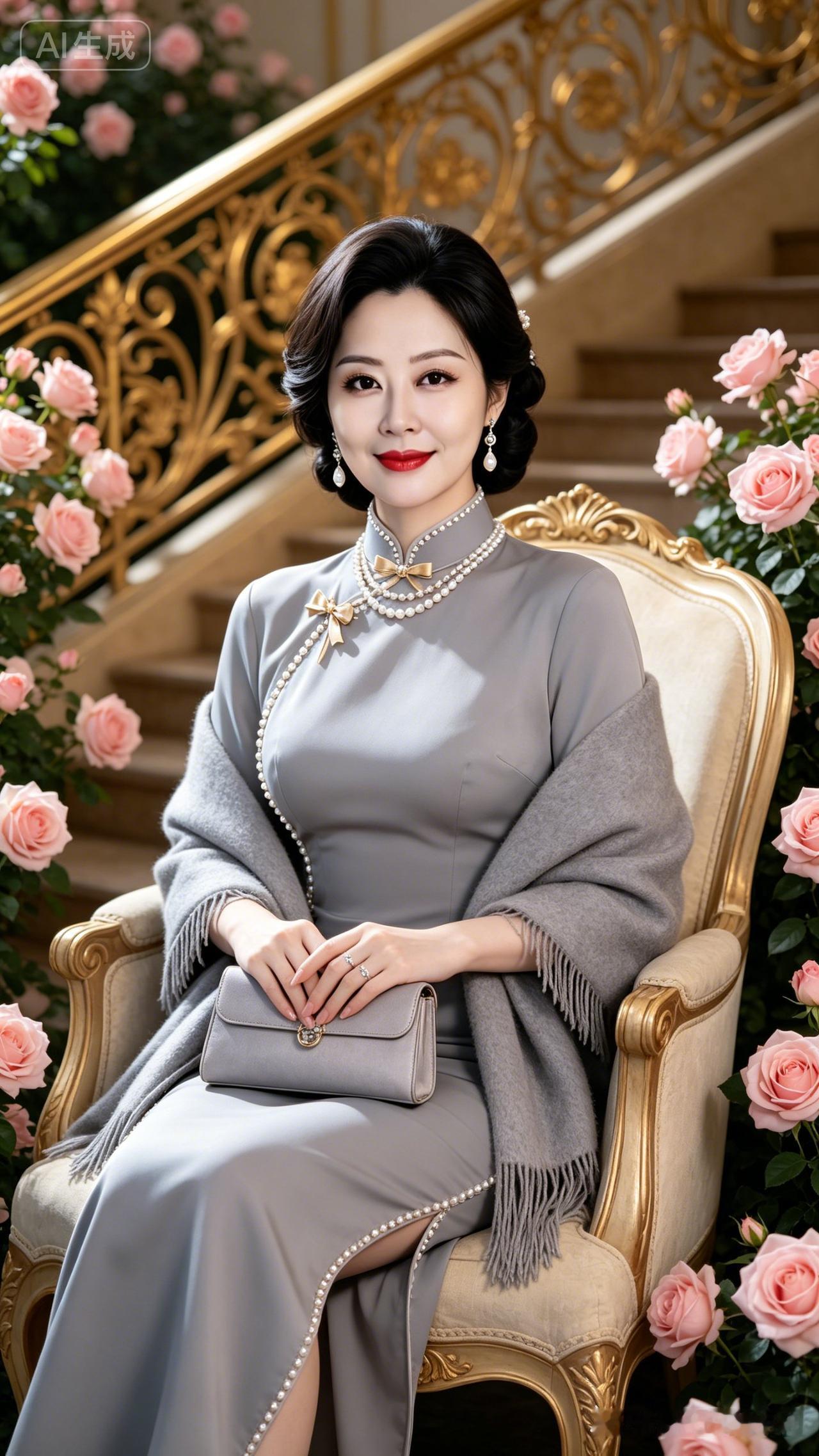 这位女士坐在豪华的椅子上，穿着优雅的旗袍。