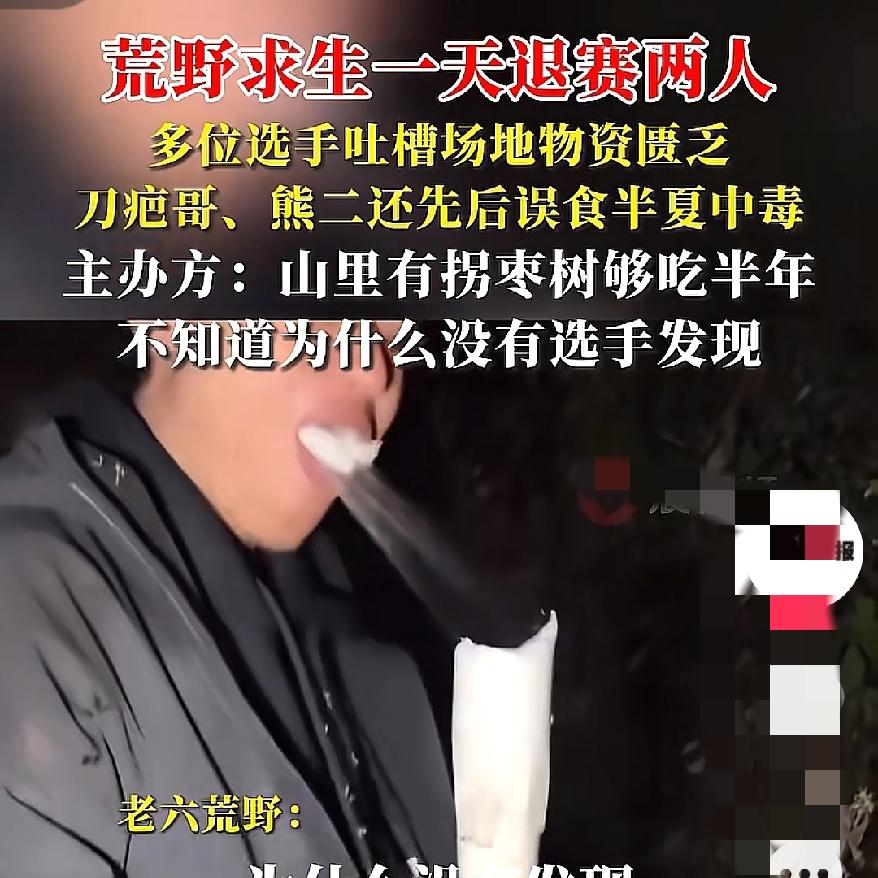 荒野求生又一人退赛
居然是刀疤哥
他因为肠胃不适而退出，此前还和熊二误食半夏中毒