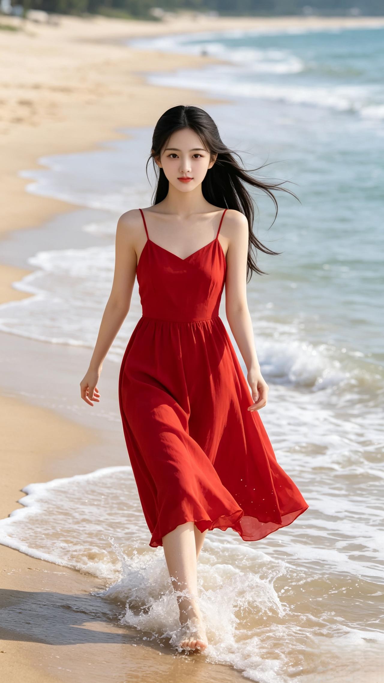 一位美女在海边散步，裙摆随风飘扬。分享一张海边图片