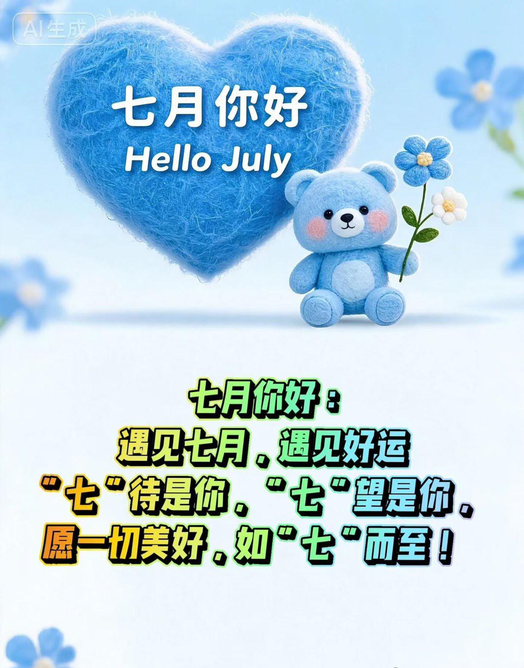 七月你好：
遇见七月，遇见好运
[太阳][太阳]“七”待是你，“七”望是你，愿一