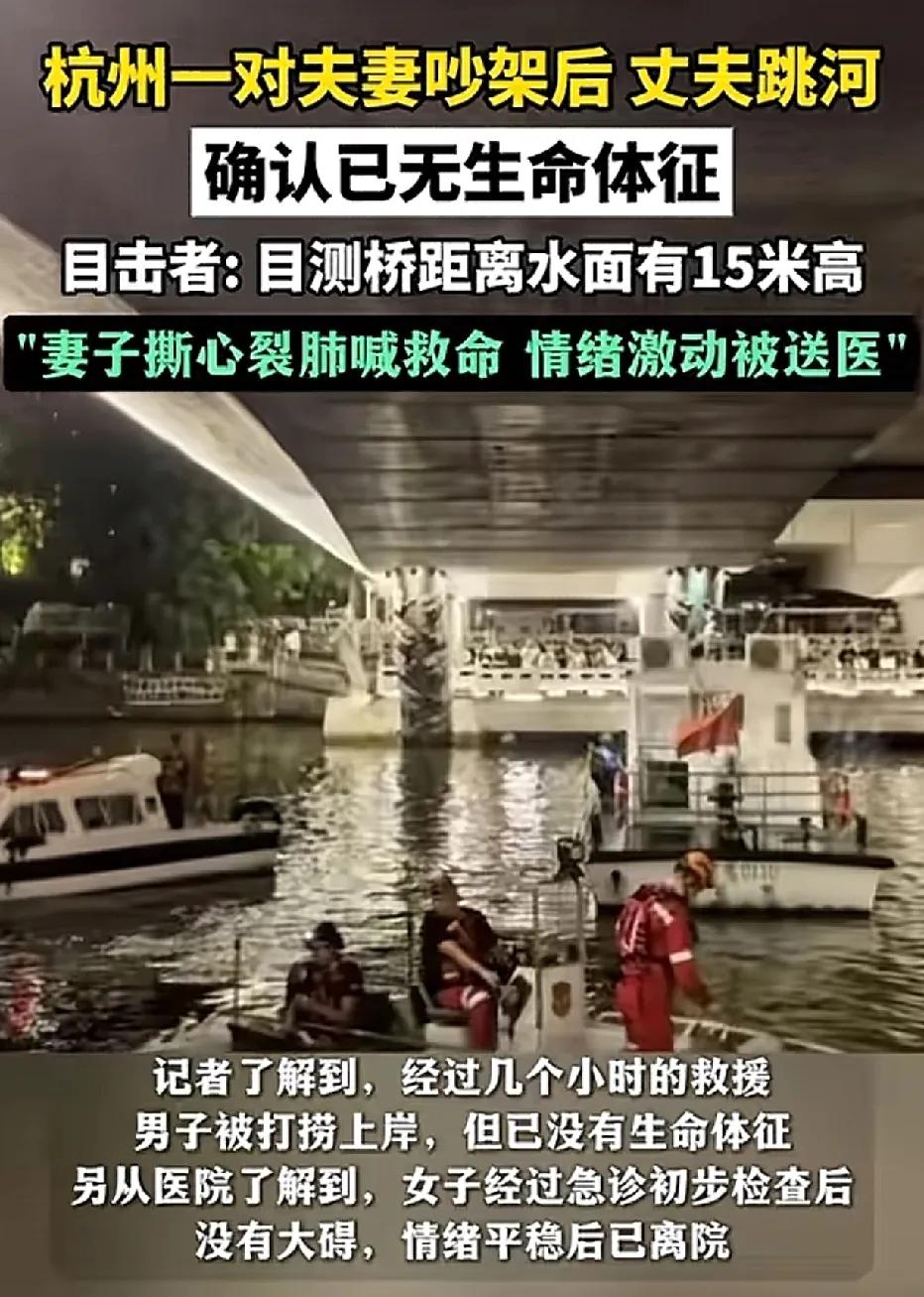 杭州凌晨，一对三十几岁的夫妻，在登云大桥上发生争吵，丈夫情绪激动的跳下桥，妻子撕