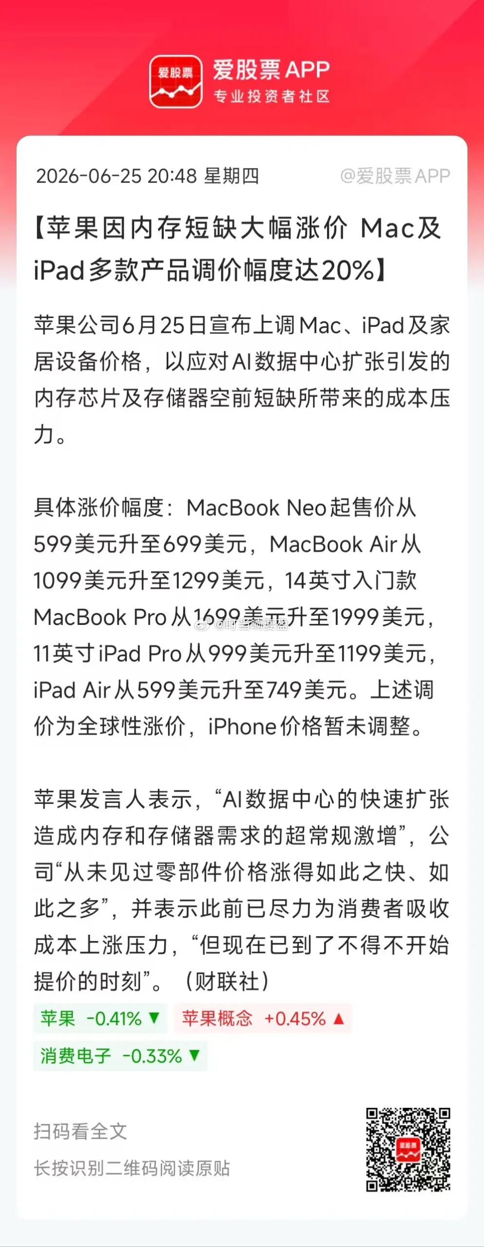 内存的疯狂涨价，连财大气粗的苹果也扛不住了，旗下多款产品涨价20%。这个力度真的