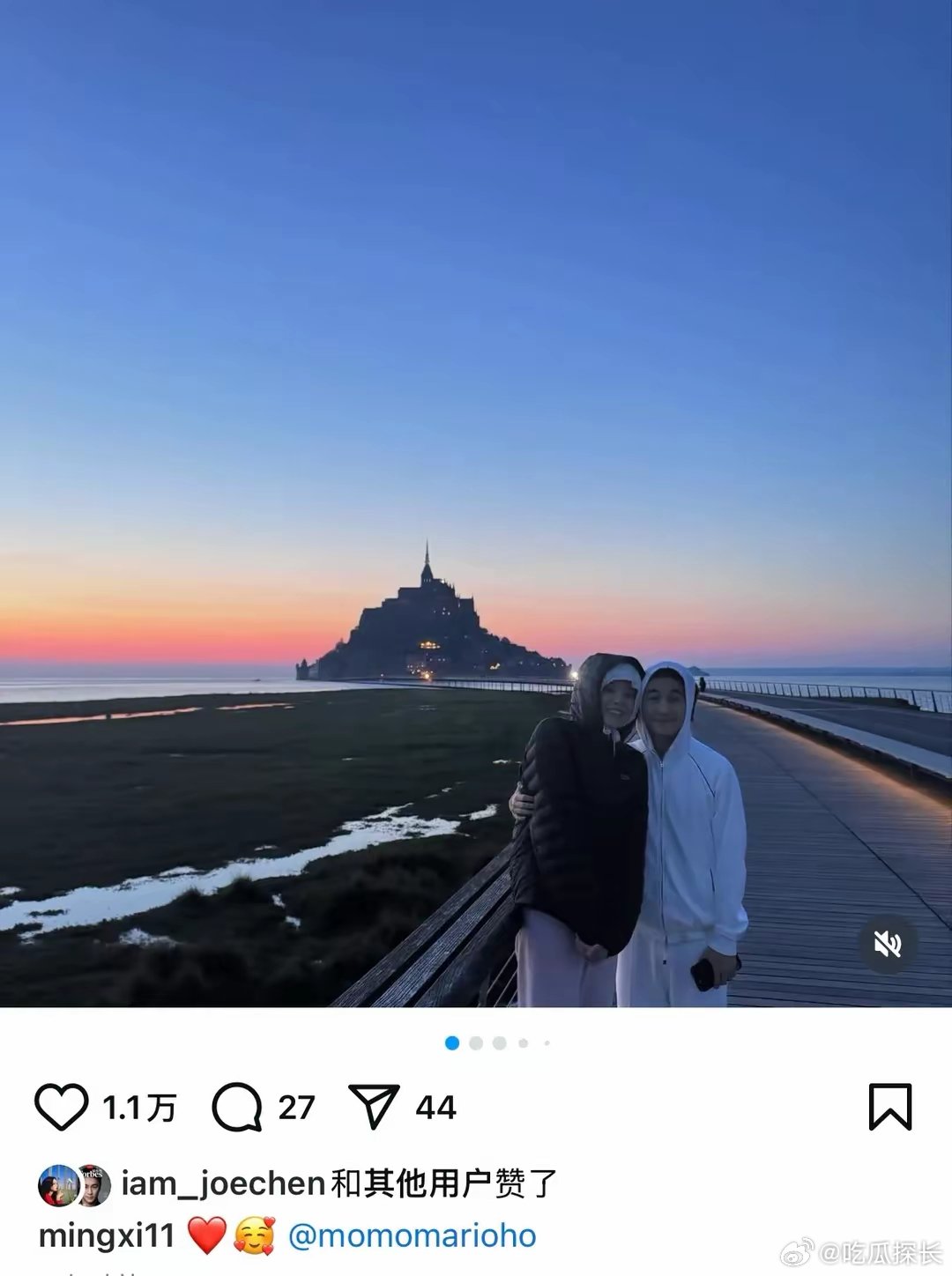 奚梦瑶何猷君巴黎旅行照 奚梦瑶何猷君在圣米歇尔山城堡前的剪影，像极了电影里的经典
