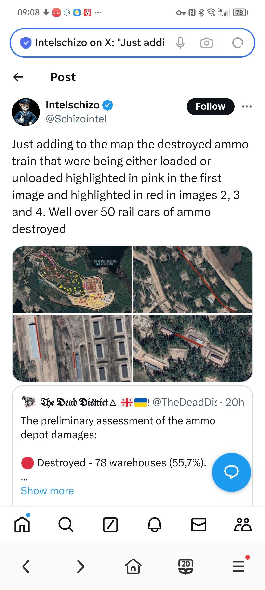 根据卫星图显示，在托罗佩茨弹药库爆炸中，还有被摧毁的装卸弹药列车，第一张图片中用