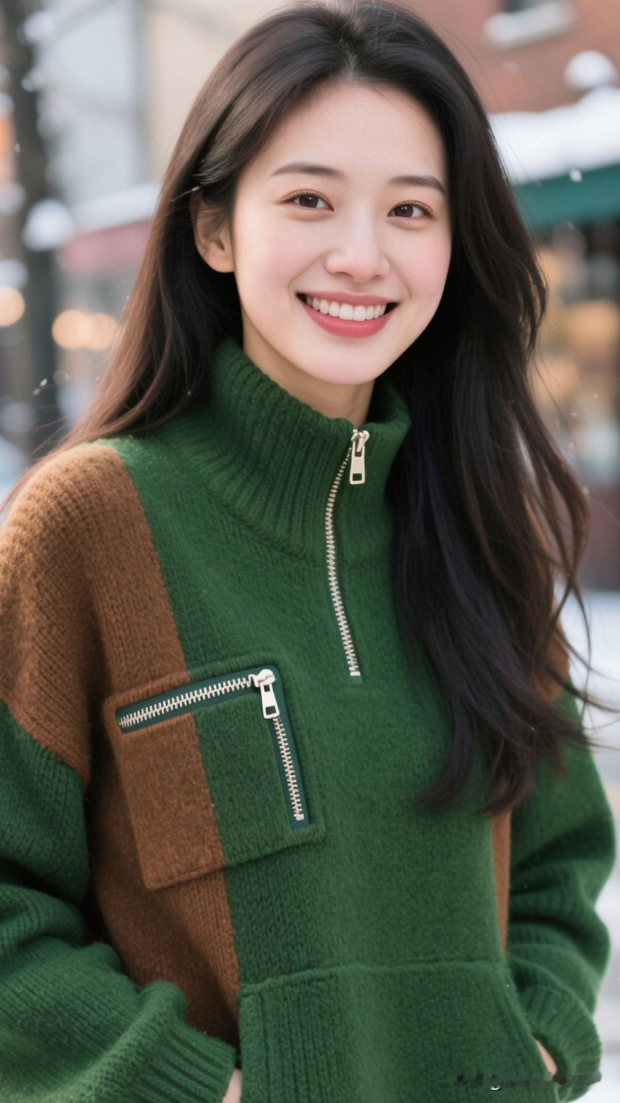 ❄️ 雪街为幕，绿棕毛衣织进冬阳的暖，拉链轻曳，连呼吸都浸着妥帖的温柔。