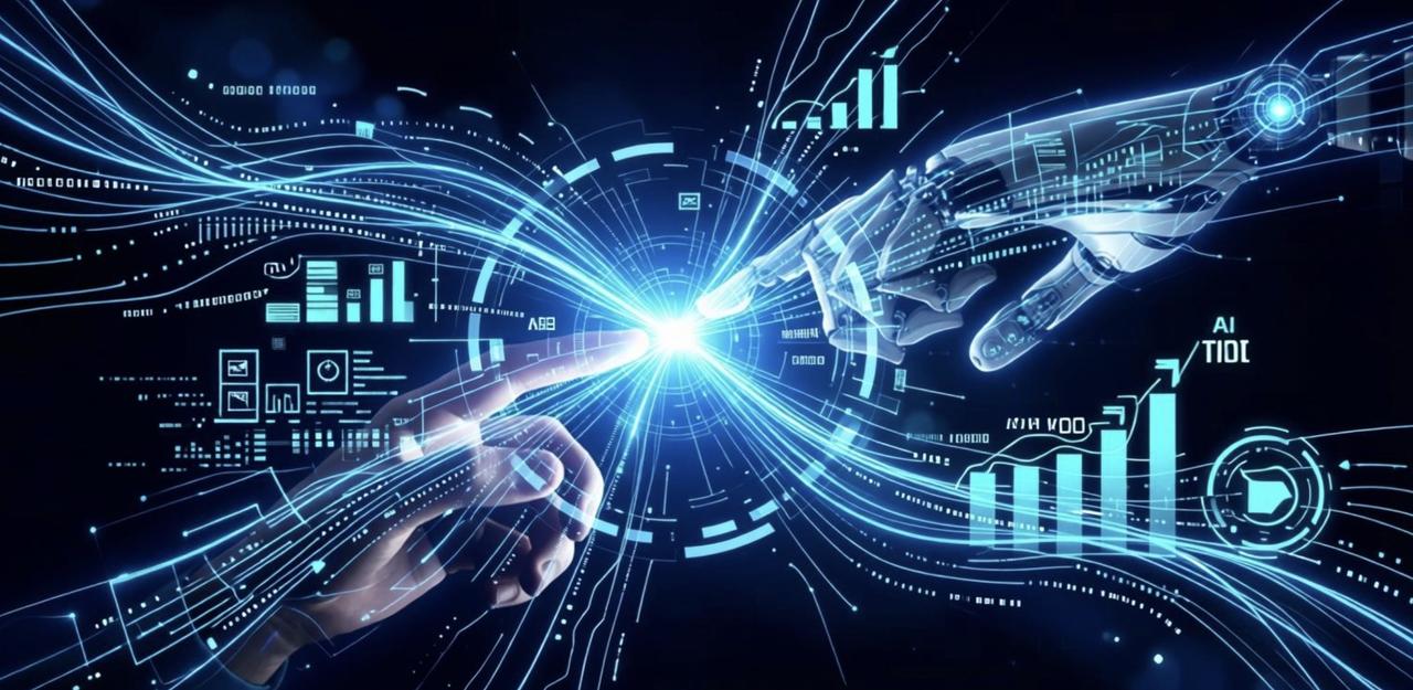 人机共舞，智启未来
在深邃的科技蓝幕下
人类指尖与机械之手轻触
迸发数据流光
象