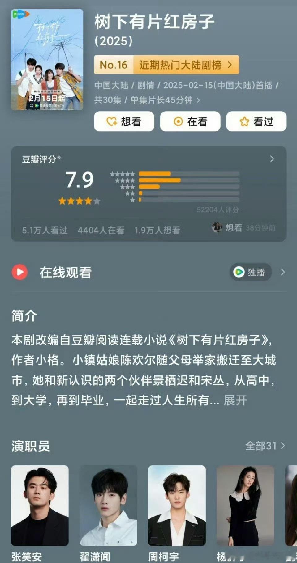 今年的现偶最高分是翟潇闻、周柯宇的《树下有片红房子》，7.9 分，看过的人来说说
