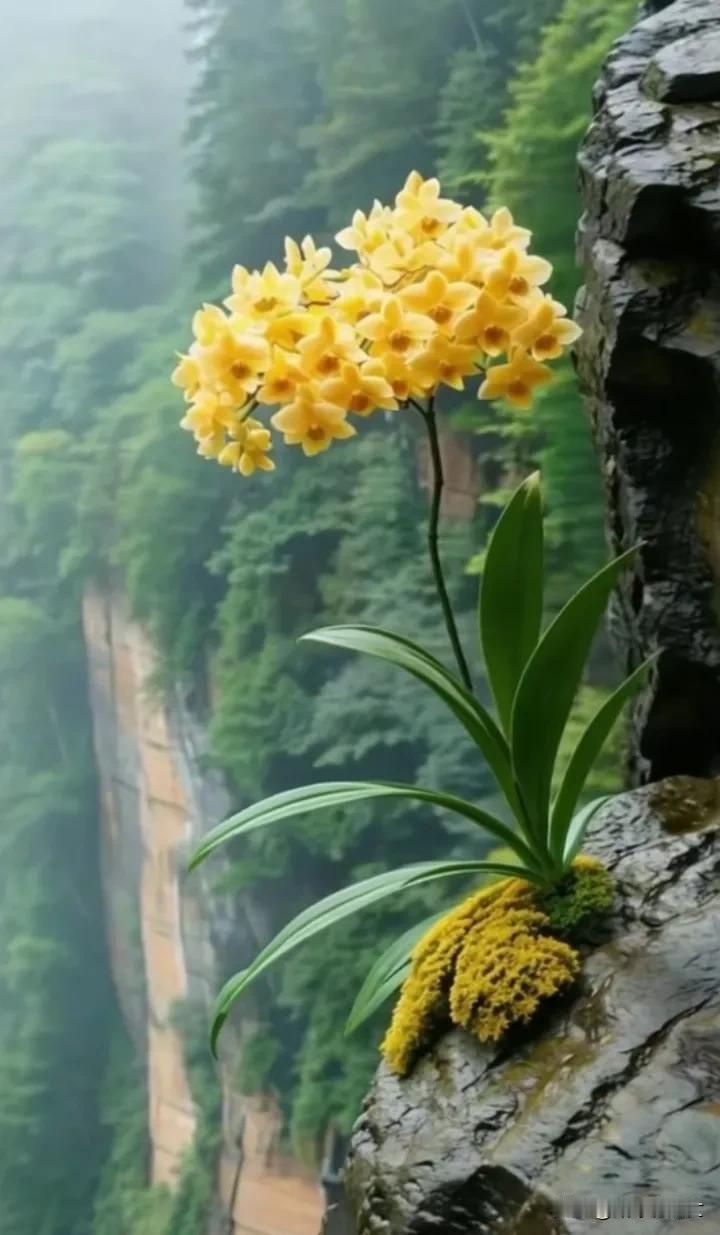 悬崖边的黄色兰花，美得惊心动魄。