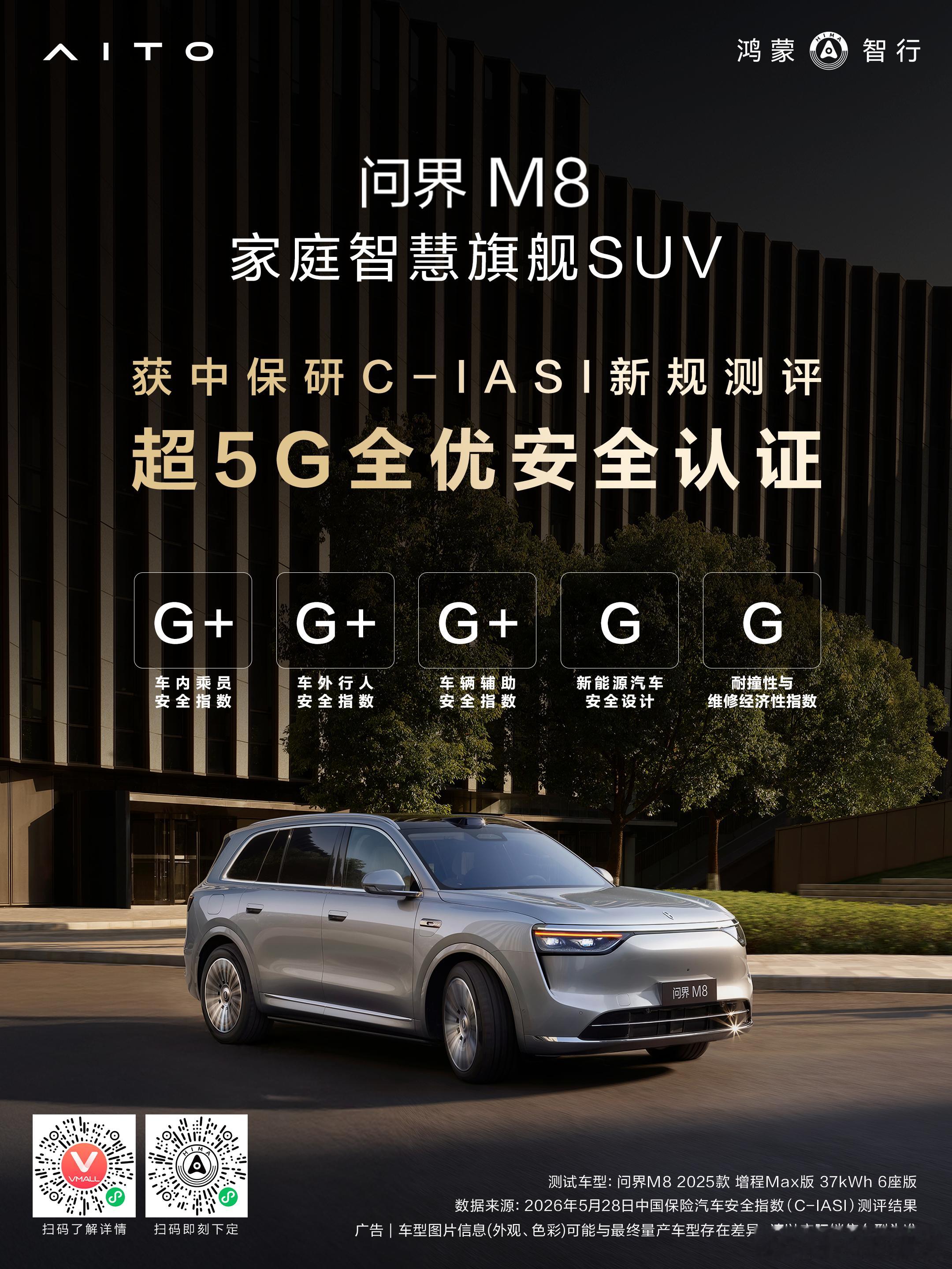 家庭智慧旗舰SUV问界M8  获中保研C-IASI超5G全优安全认证！以全域硬核