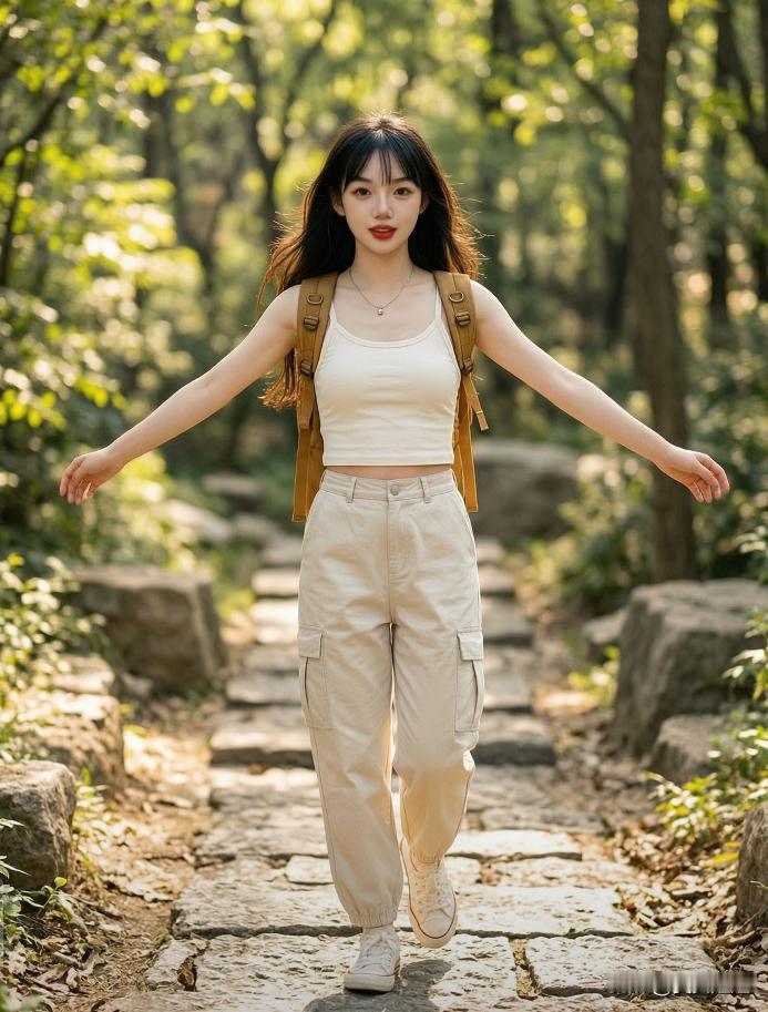 一个女孩在森林里开心地奔跑。