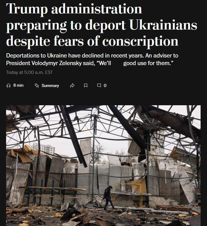 据《华盛顿邮报》报道，特朗普政府正准备驱逐乌克兰人。

▪️美国移民及海关执法局