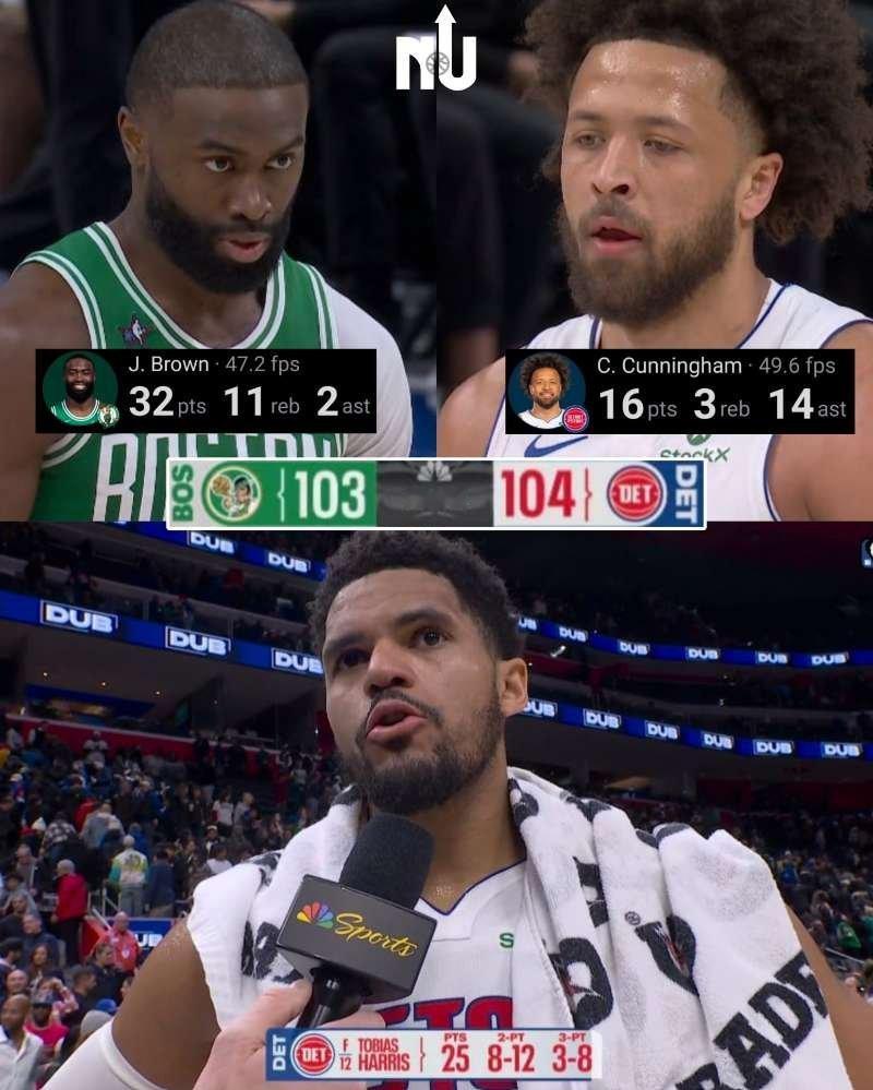 杰伦今天在数据上算是战胜了一同成为全明星首发的坎宁安，但是球队一分之差惜败，这个