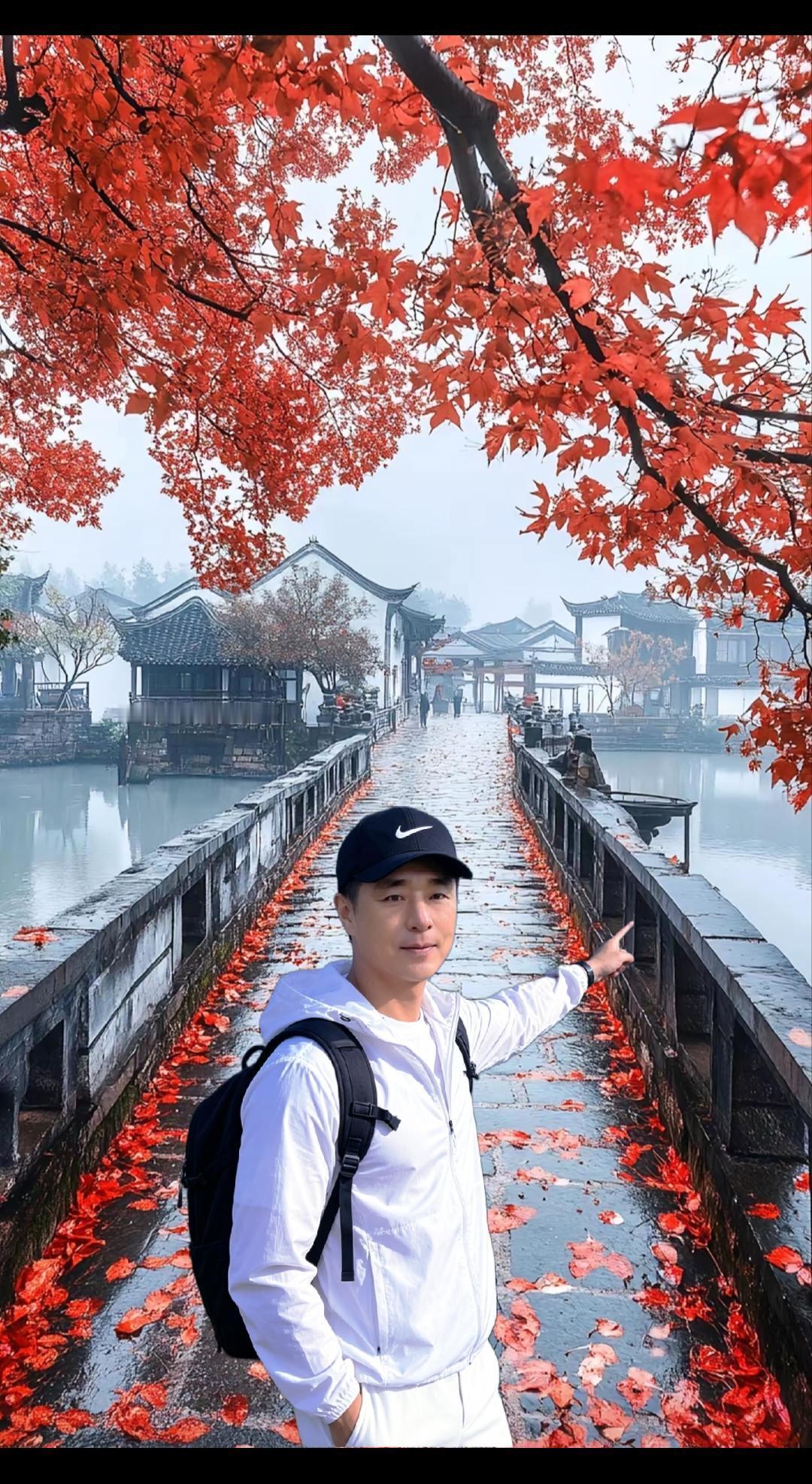 岁月远含香，人生几度凉。秋雨滴地上新，还望再度初阳。最美枫桥路 古桥红枫 一一