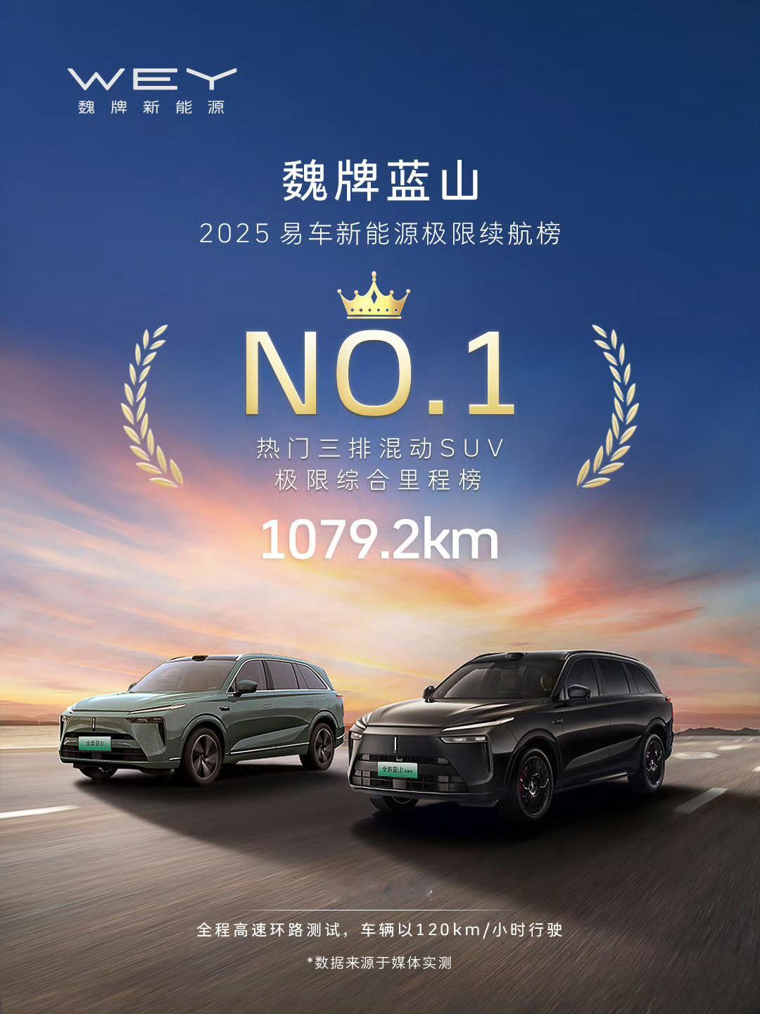 魏牌蓝山在2025易车新能源极限续航榜中，拿下了第一的好成绩，实测有着1079.