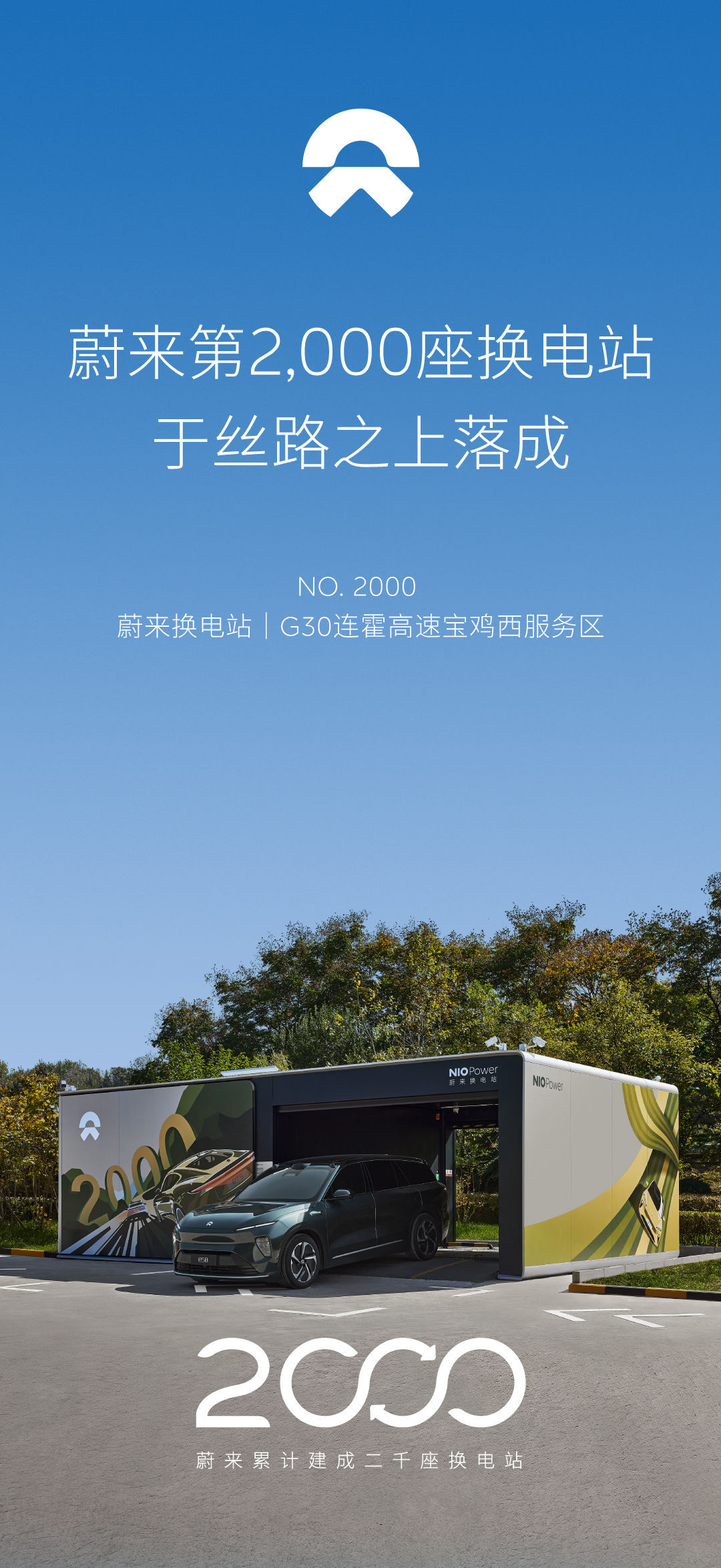 【蔚来汽车宣布，第 2000 座换电站于丝路之上落成，G30连霍高速宝鸡西服务区