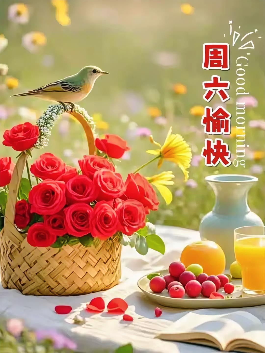 早安，周六愉快，鸟儿栖花篮，玫瑰香满园，橙汁果盘旁，好心情自然来！
退休后带孙子
