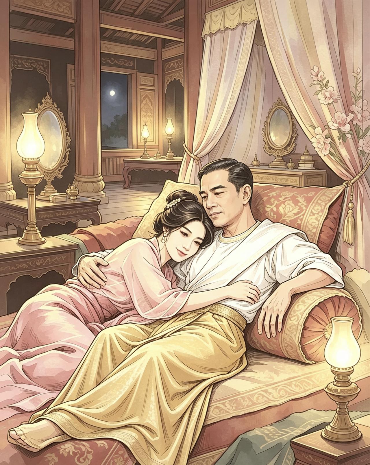 我的东南亚架空历史小说《索里瓦王与梅克妃》第五章标题是《夜沉沉宫灯凝暖，情脉脉帝