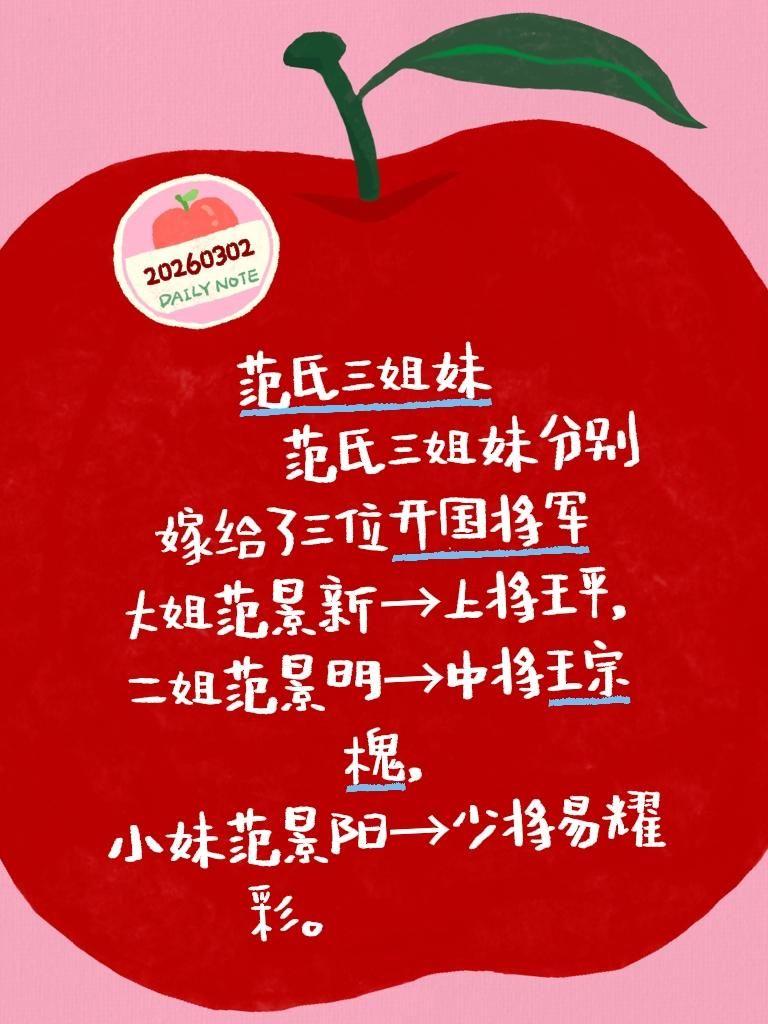 范氏三姐妹          范氏三姐妹分别嫁给了三位开国将军 大姐范...