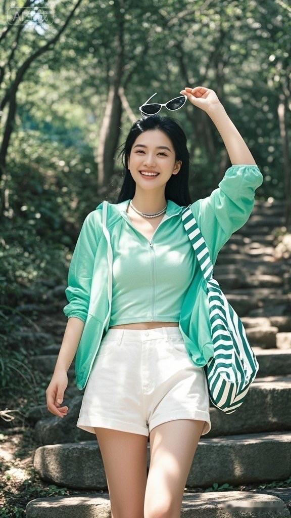 阳光明媚的一天，绿意盎然的山间小路，元气满满的少女，微笑着走向美好！🌞🌳😊
