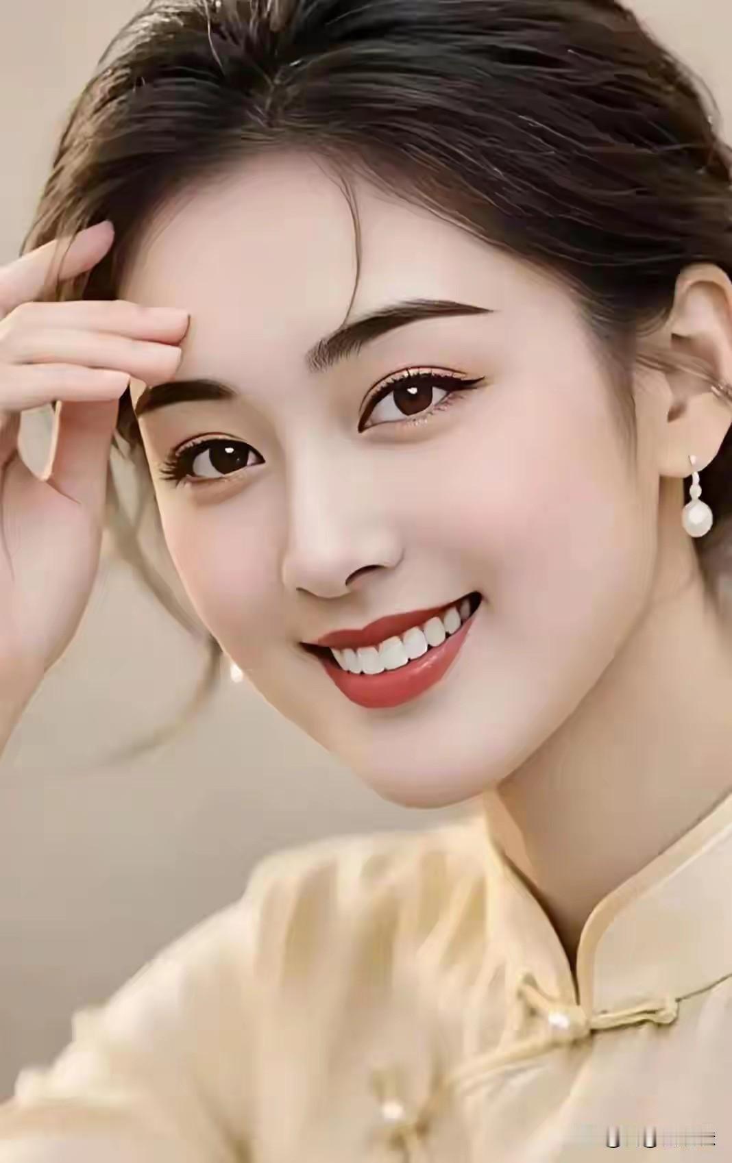 微笑温柔含雅韵，
眼眸藏星映流霞。
东方女神婉约娇，
天生丽质面桃花。