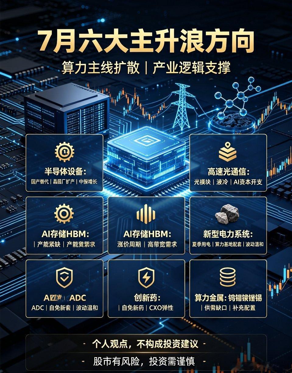 月六大主升浪潜力赛道完整梳理整体行情围绕AI算力主线向外扩散，六大板块均具备扎实