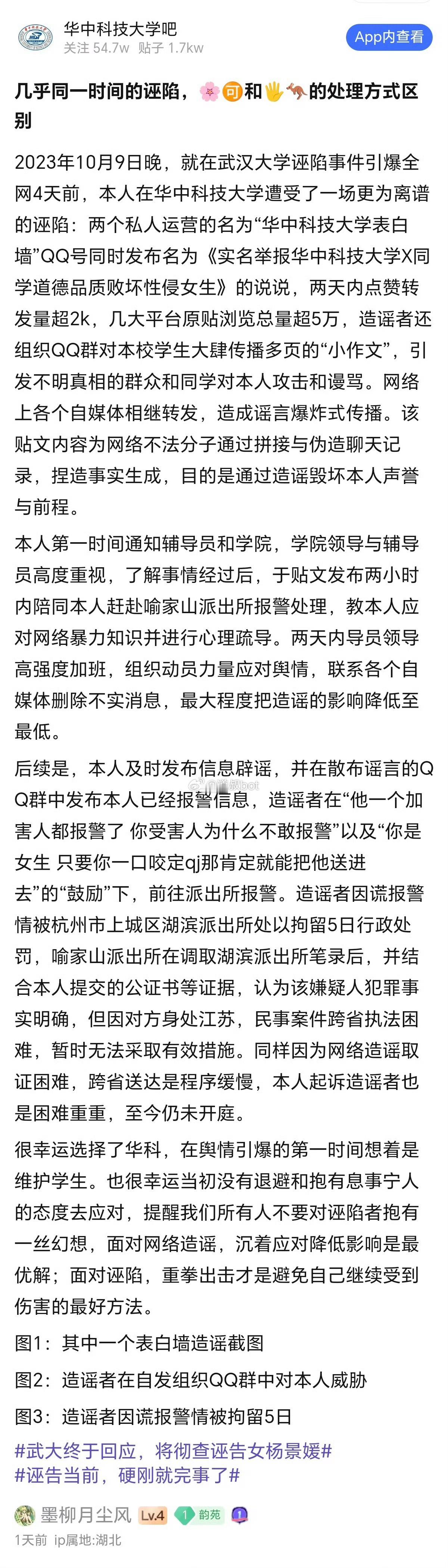 网友发帖，在与武大图书馆事件几乎同一时间，他在华中科技大学也遭遇了一场离奇的构陷