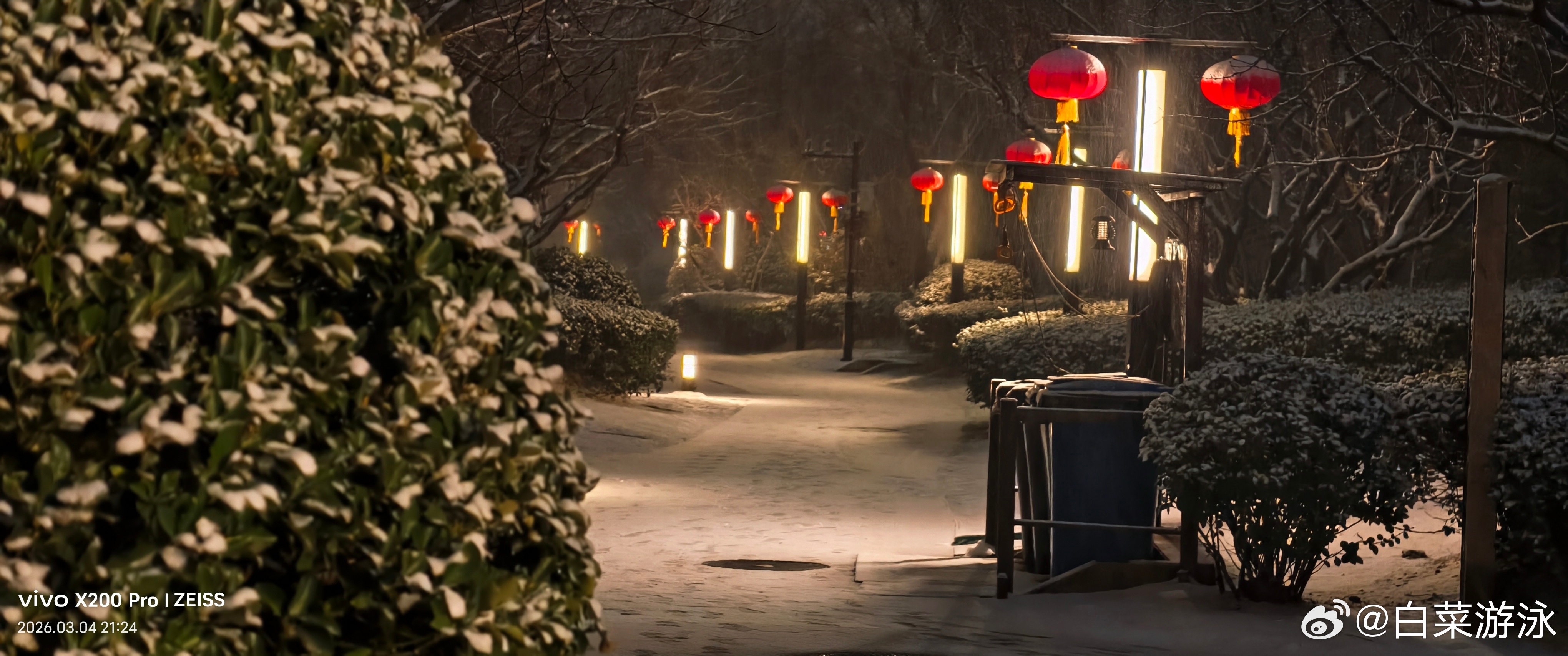 雪夜归途路似绢，红灯素裹落银箭。举头遥望弦上月，羊杂烧饼吃一天。 