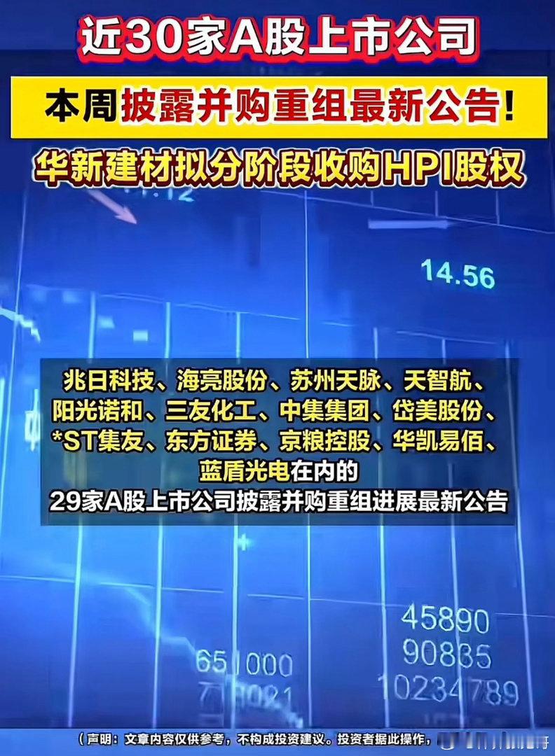 本周并购重组公告汇总！29家A股上市公司更新资产运作进展！本周A股市场迎来并购重