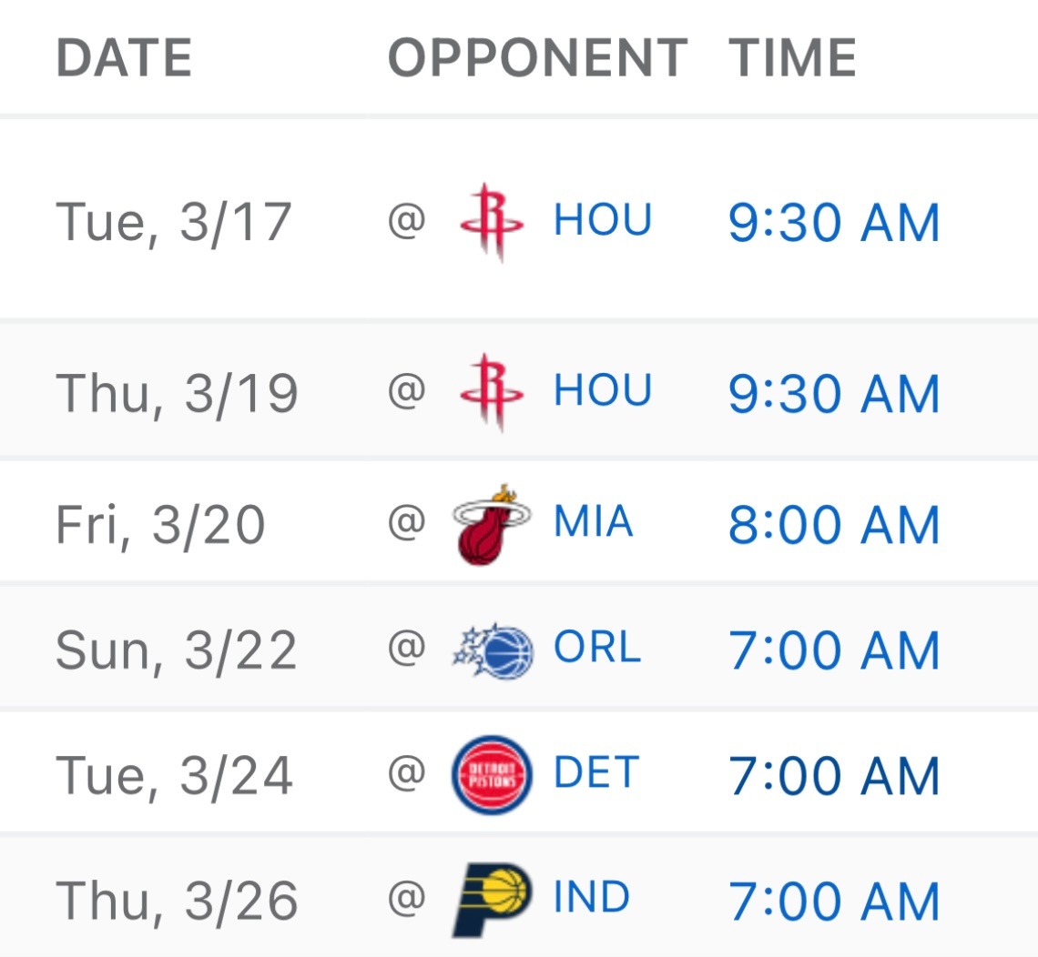 湖人将迎来一波六连客，先连打两场火箭，重要性不言而喻了。随后飞往东部，先后对阵热