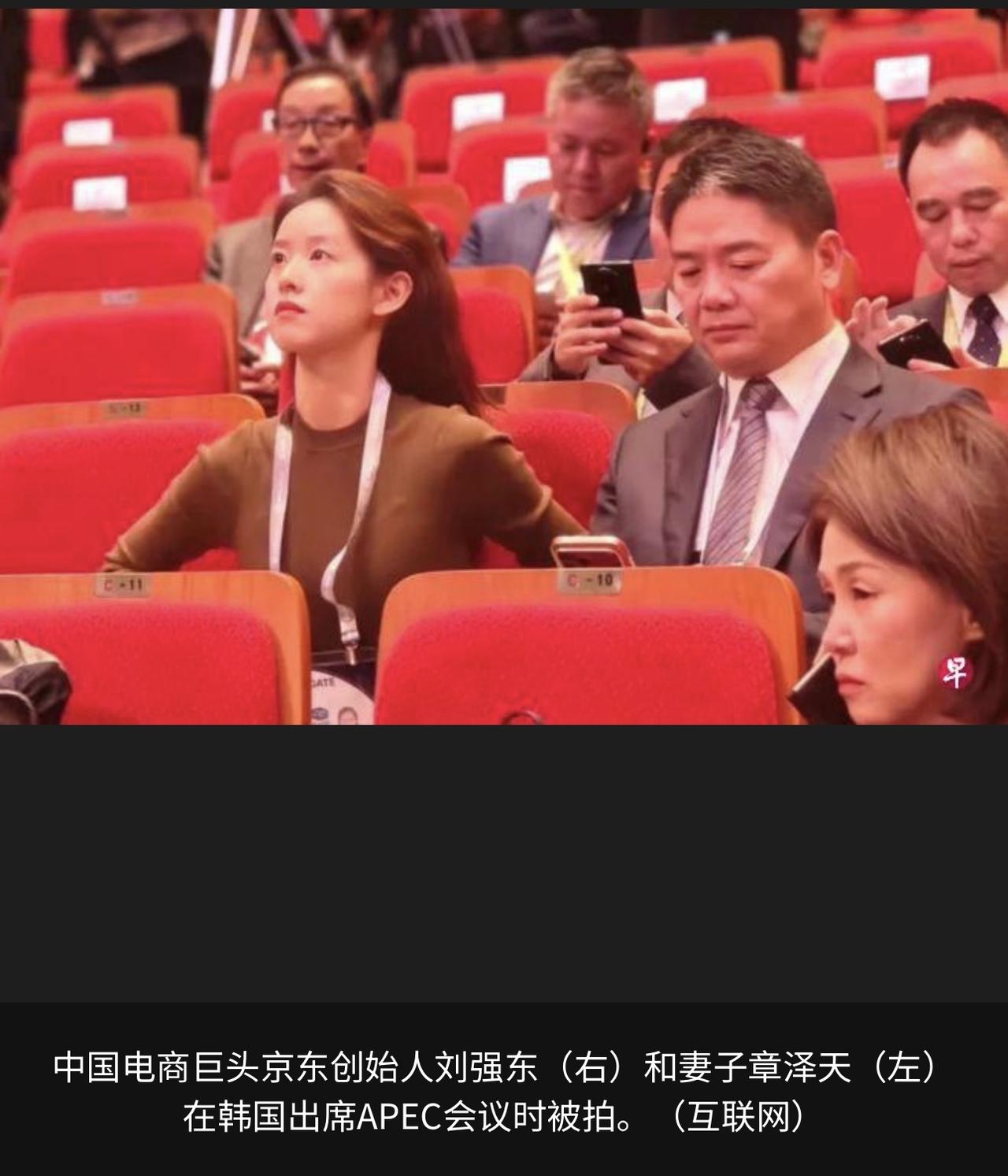 京东创始人刘强东与妻子章泽天在韩国出席APEC会议时被拍，照片引发网络热议。刘强