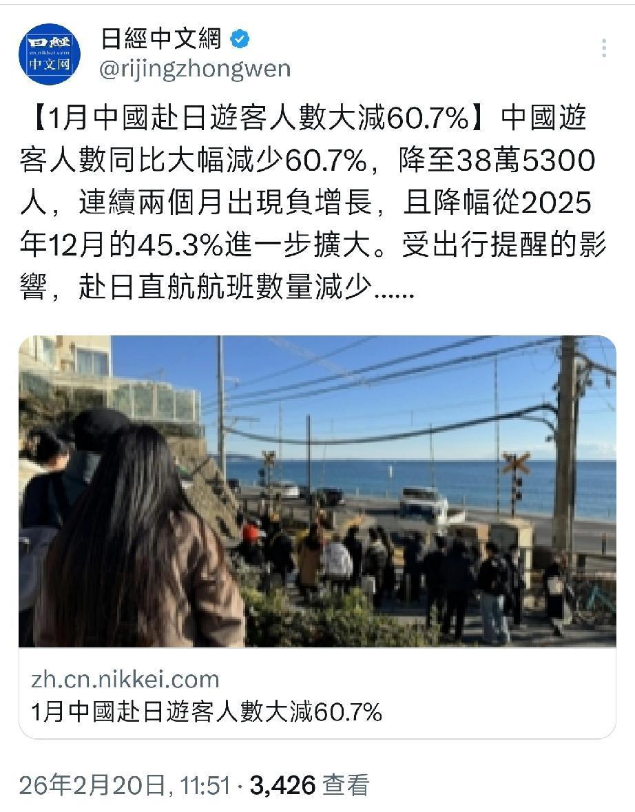 1月中国赴日游客大减61%，
降至38.53万人，连续两个月大降。
问题是怎么还