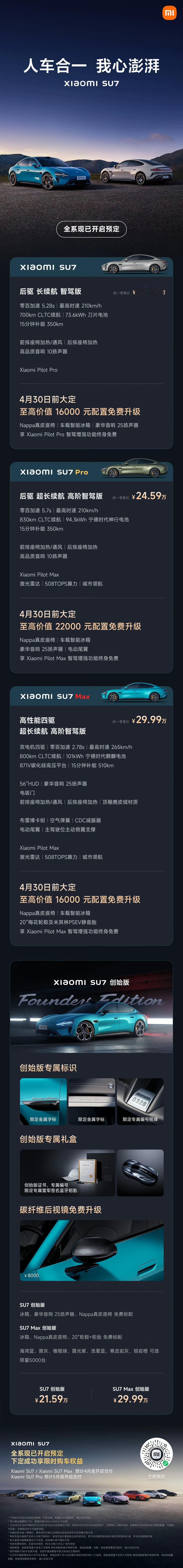 再给大伙汇总下小米SU7 4 个版本的大概参数及价格：
小米SU7 后驱 长续航