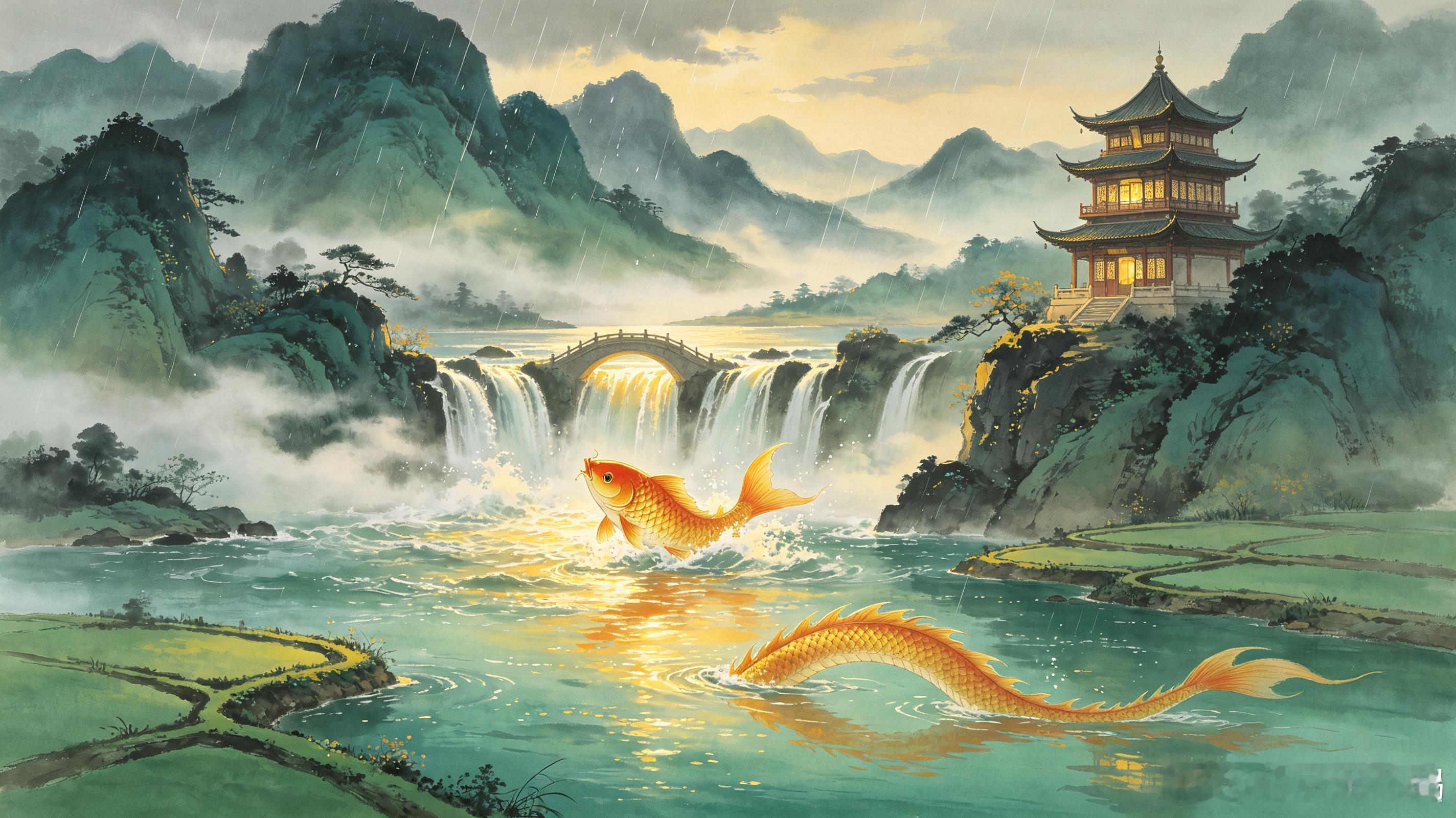 金麟破浪跃龙门，田现龙影碧水纹。新雨初晴山色润，高阁临风待明晨。 ​​​​