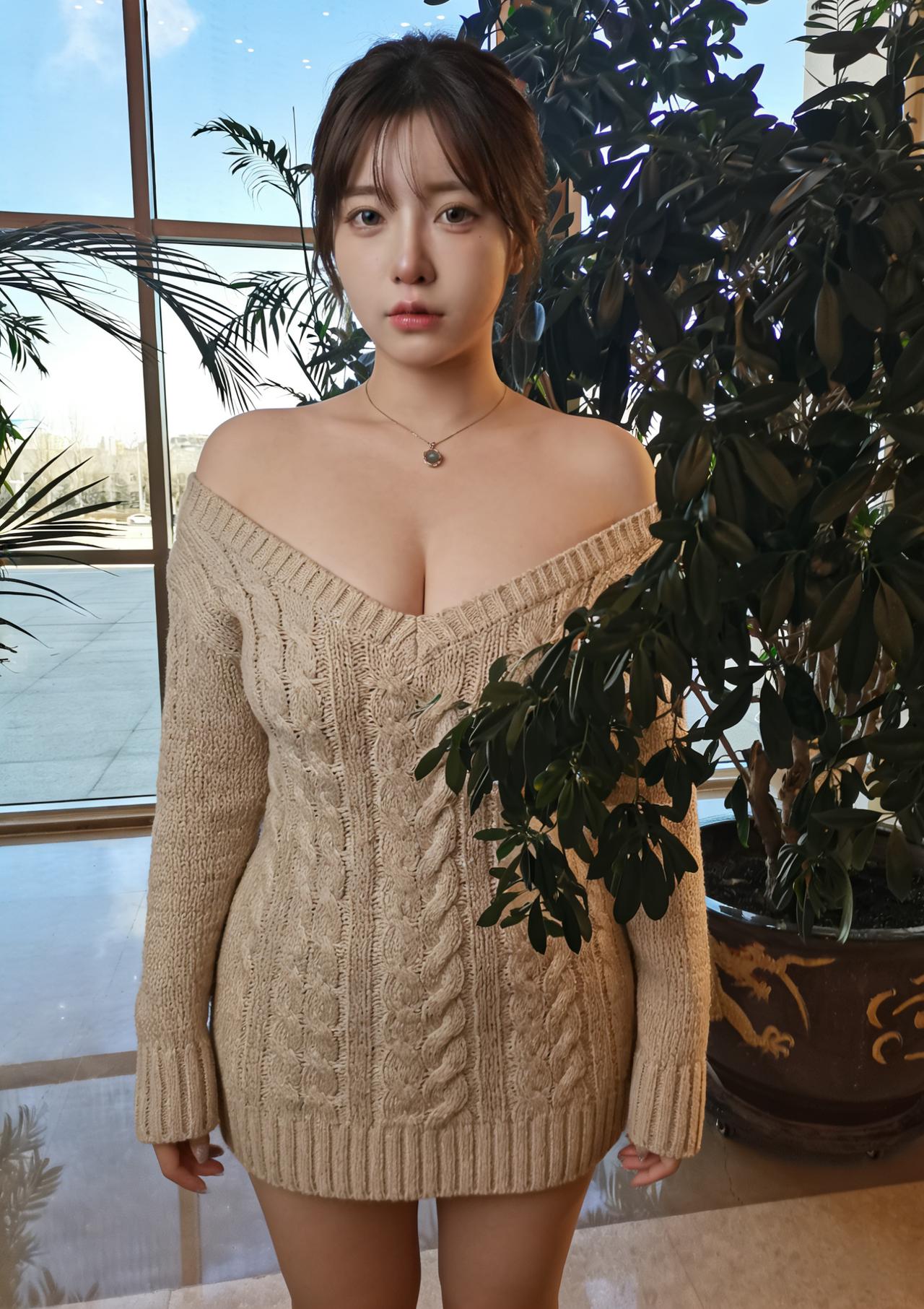 米色绒衣映雪肤，星垂锁骨意难书。
不言已醉春风里，一顾倾城意未足。