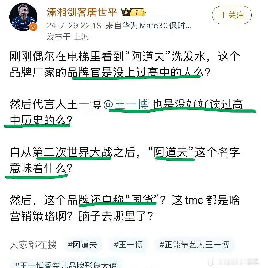 阿道夫连着代言人王一博一起被批评了…这个是长江学者、复旦国际关系学院的教授 ​​