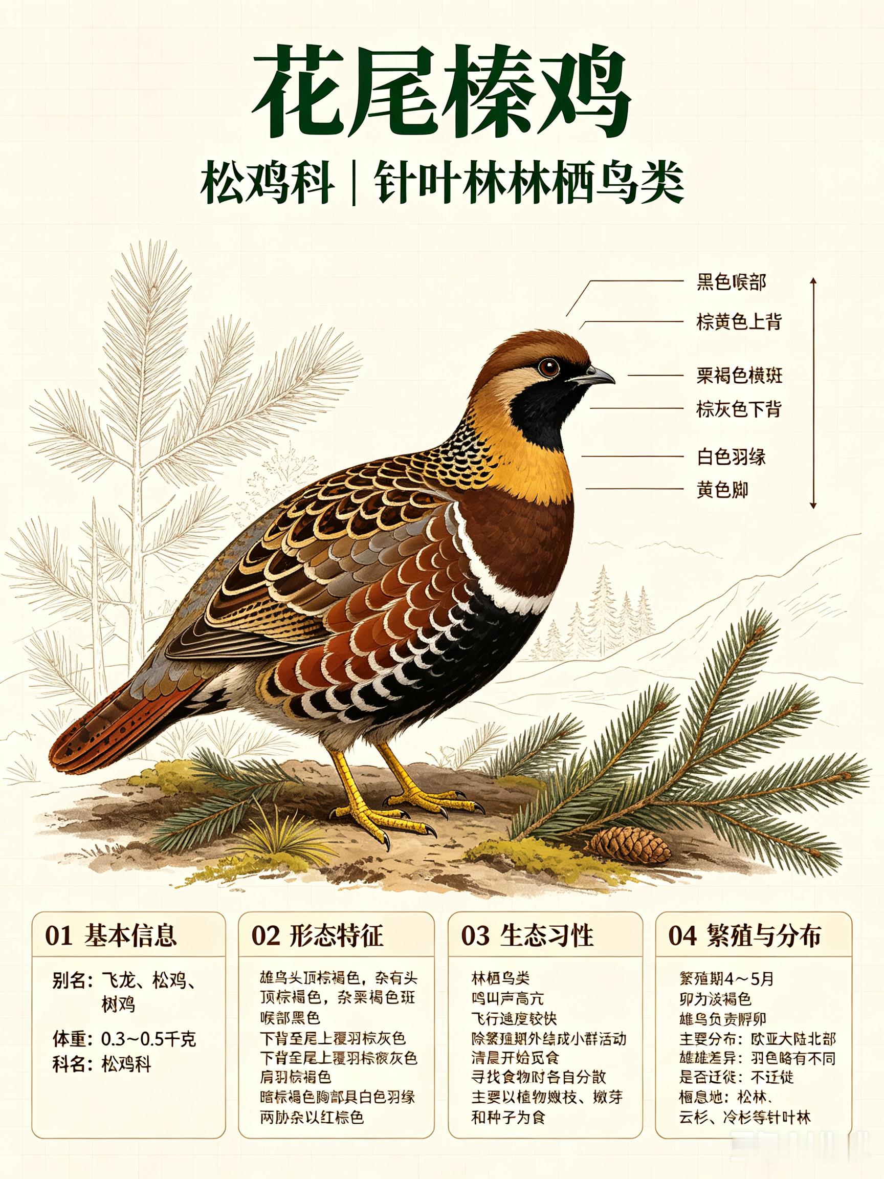 鸟类朋友图鉴 花尾榛鸡科名：松鸡科体重：0.3～0.5千克别名：飞龙、松鸡、树鸡